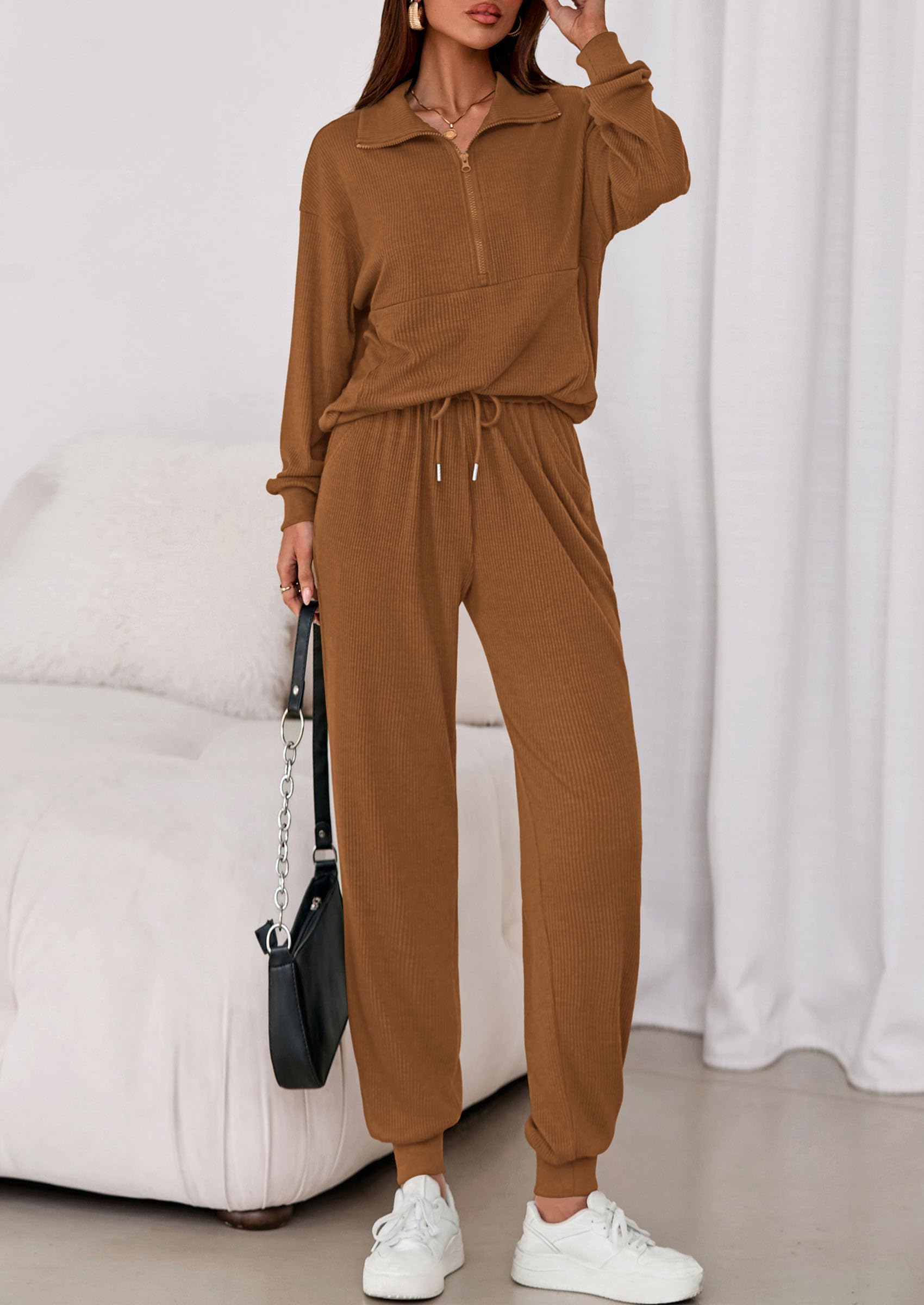 Airport Travel Outfit Women Ribbed Knit Matching Lounge Sets