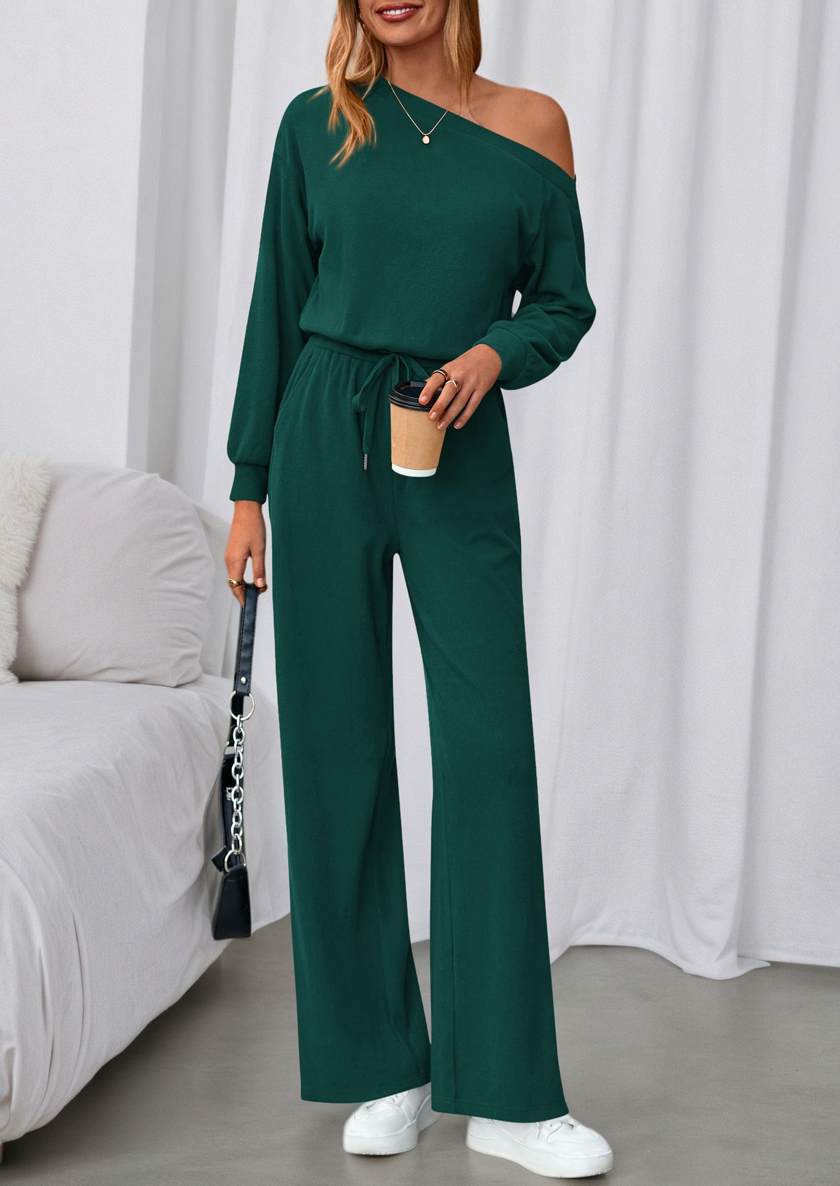 Womens Off Shoulder Long Sleeve Jumpsuit,Dark Green,S