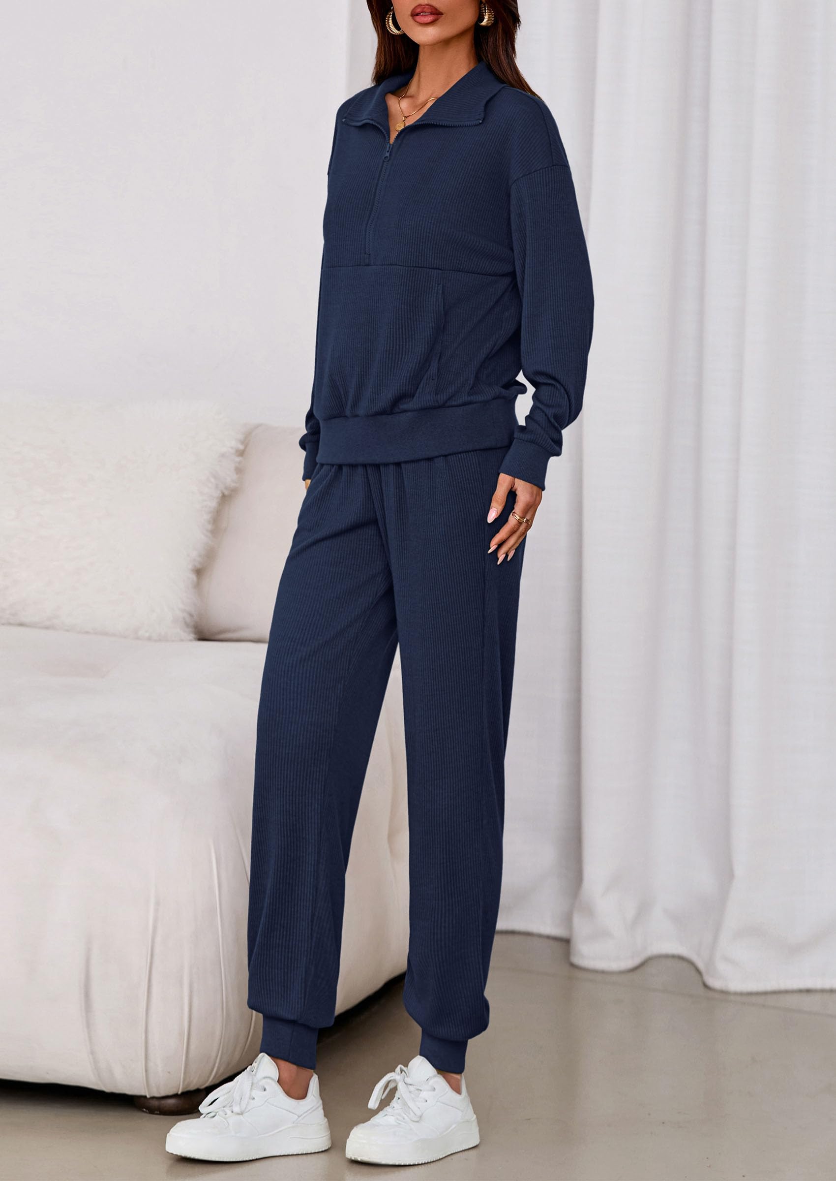 Airport Travel Outfit Women Ribbed Knit Matching Lounge Sets