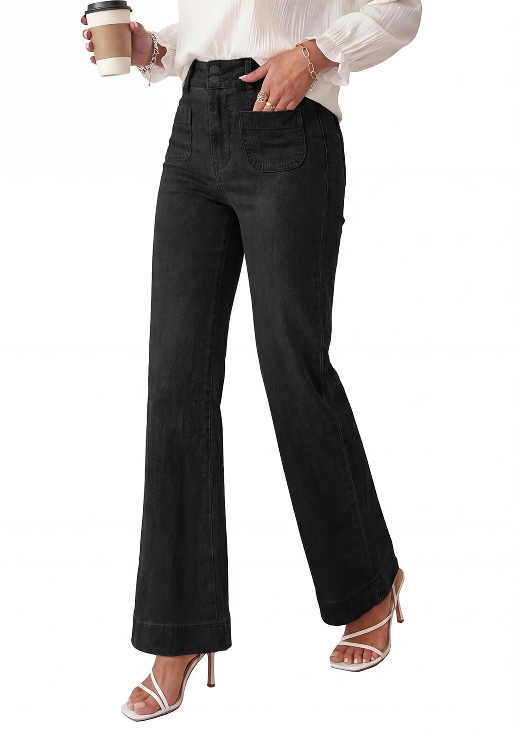 Womens Wide Leg High Waisted Trendy Jeans,Black,4