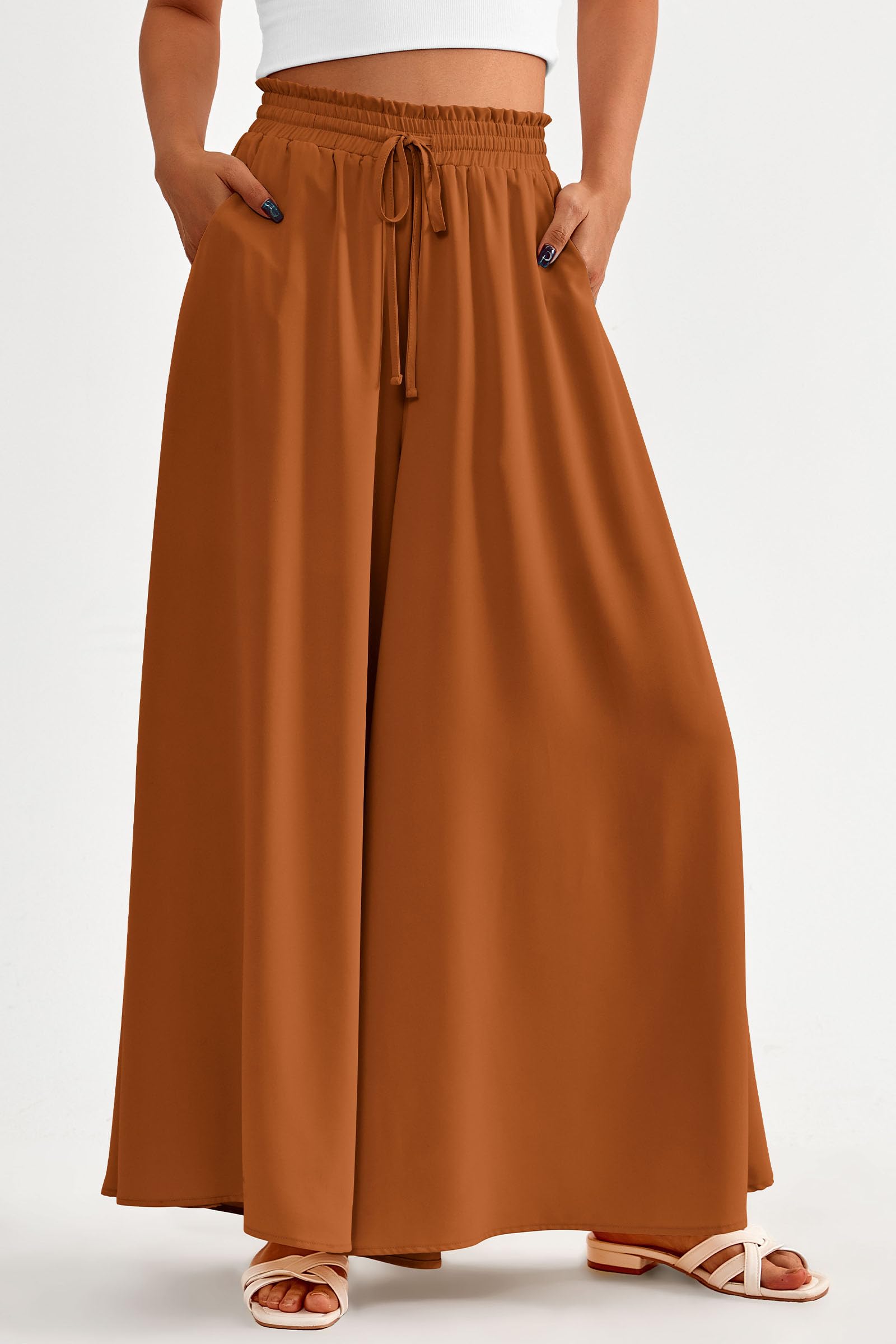 Summer Wide Leg Palazzo Pants for Women Casual,Brown,S