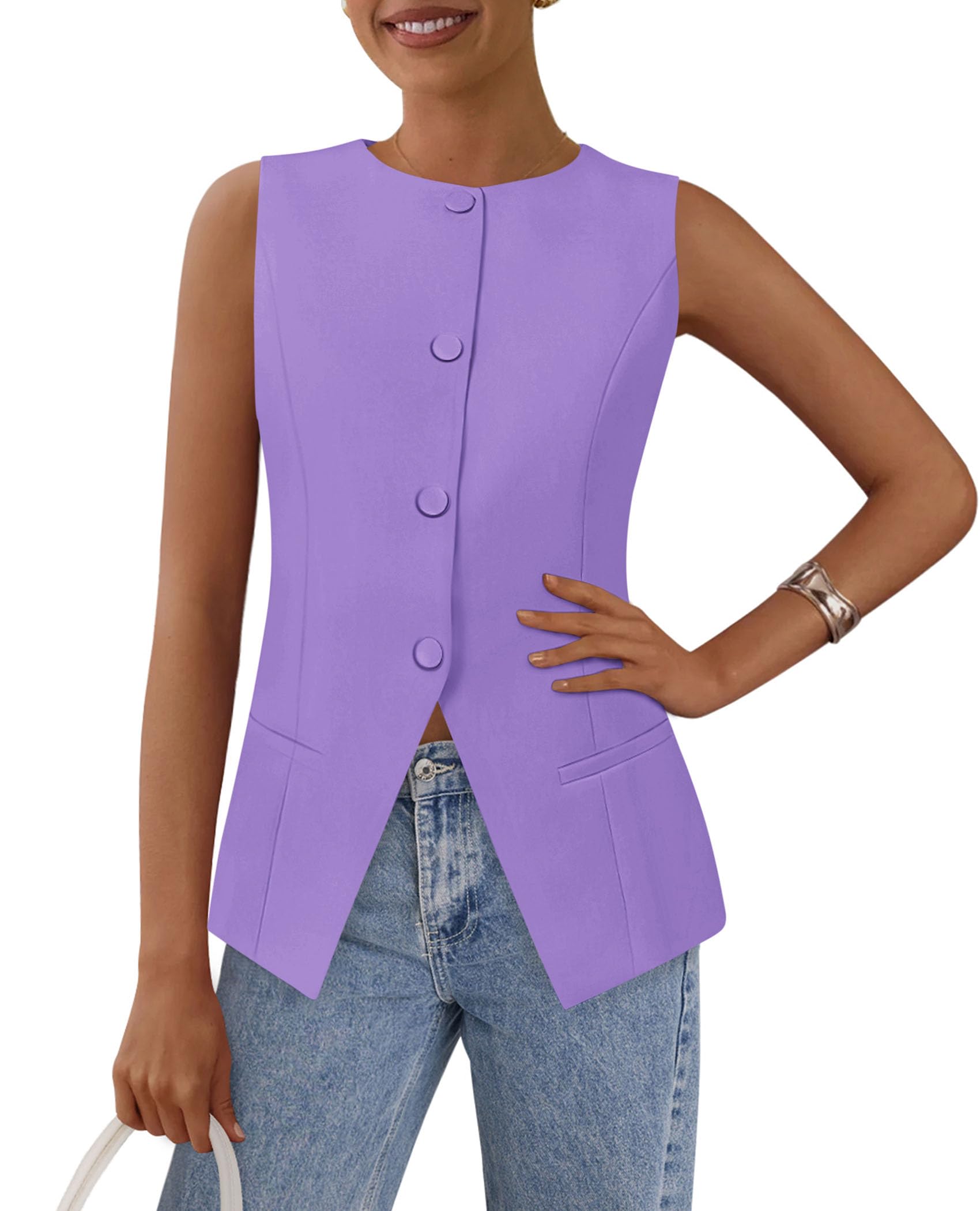 Women Tailored Suit Vest Business Casual Tops, Light Purple,S