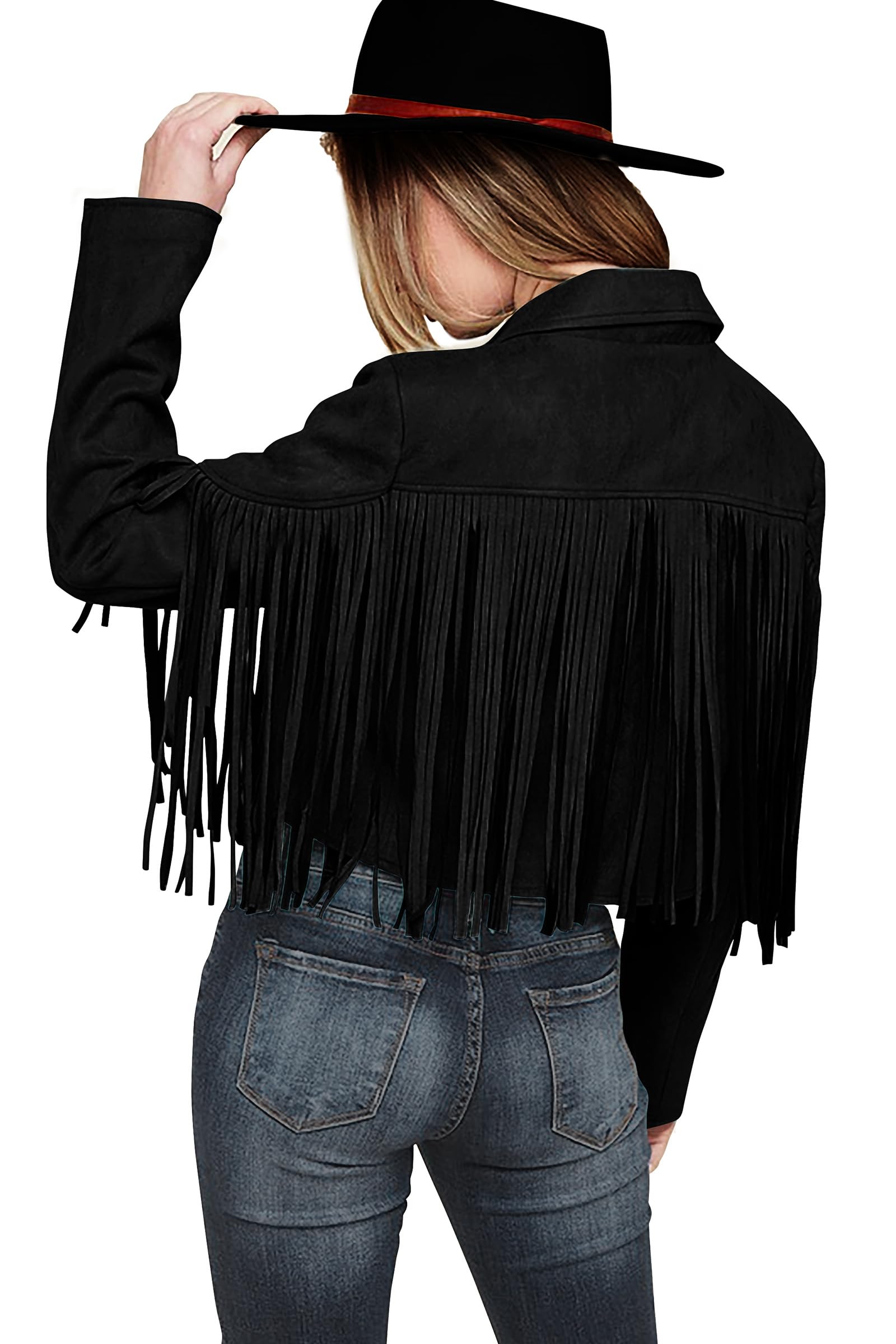 Women's Fringe Faux Suede Leather Jackets,Black,S