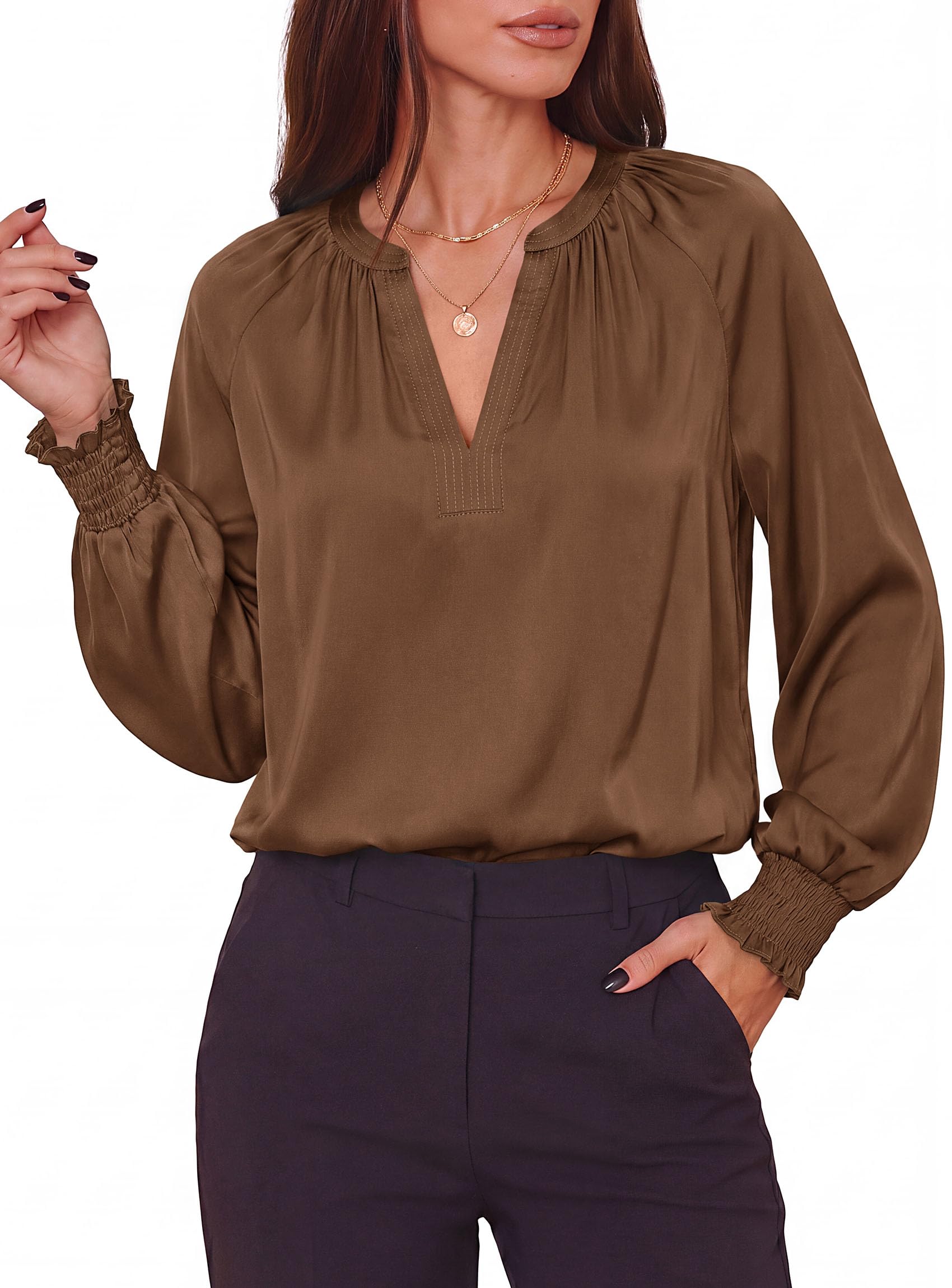 Women's Satin Blouses V Neck Long Sleeve Tops,Brown,S