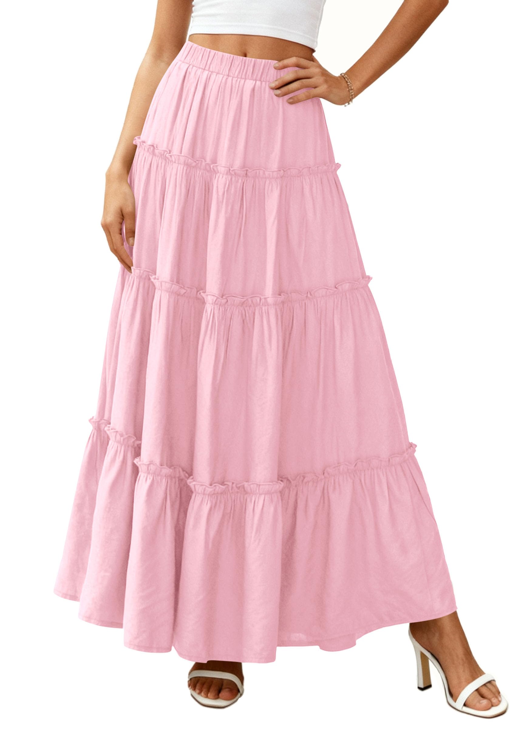 Women's Boho Tiered Ruffle Flowy Maxi Skirt, Light Pink,S