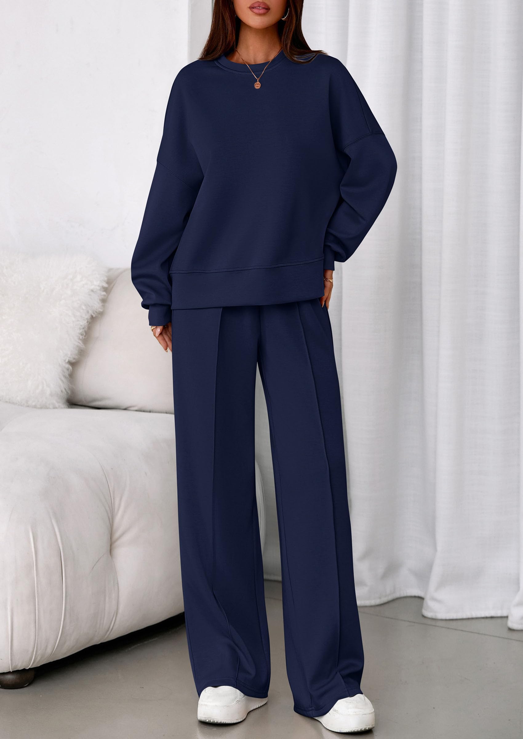 Womens Long Sleeve Sweatshirt 2 Piece Sets,Navy,S