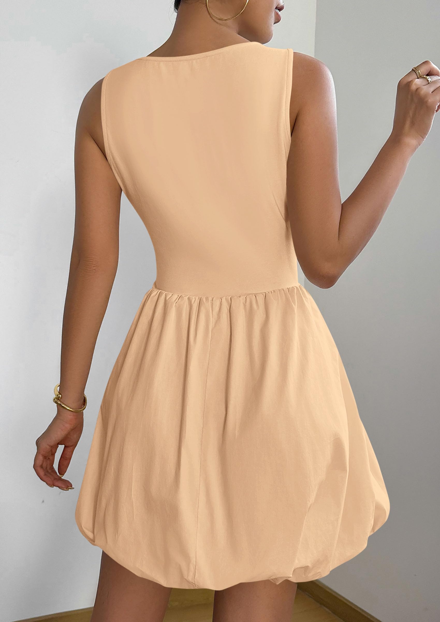 Womens Summer Bubble Sleeveless Mini Dress,Khaki,S