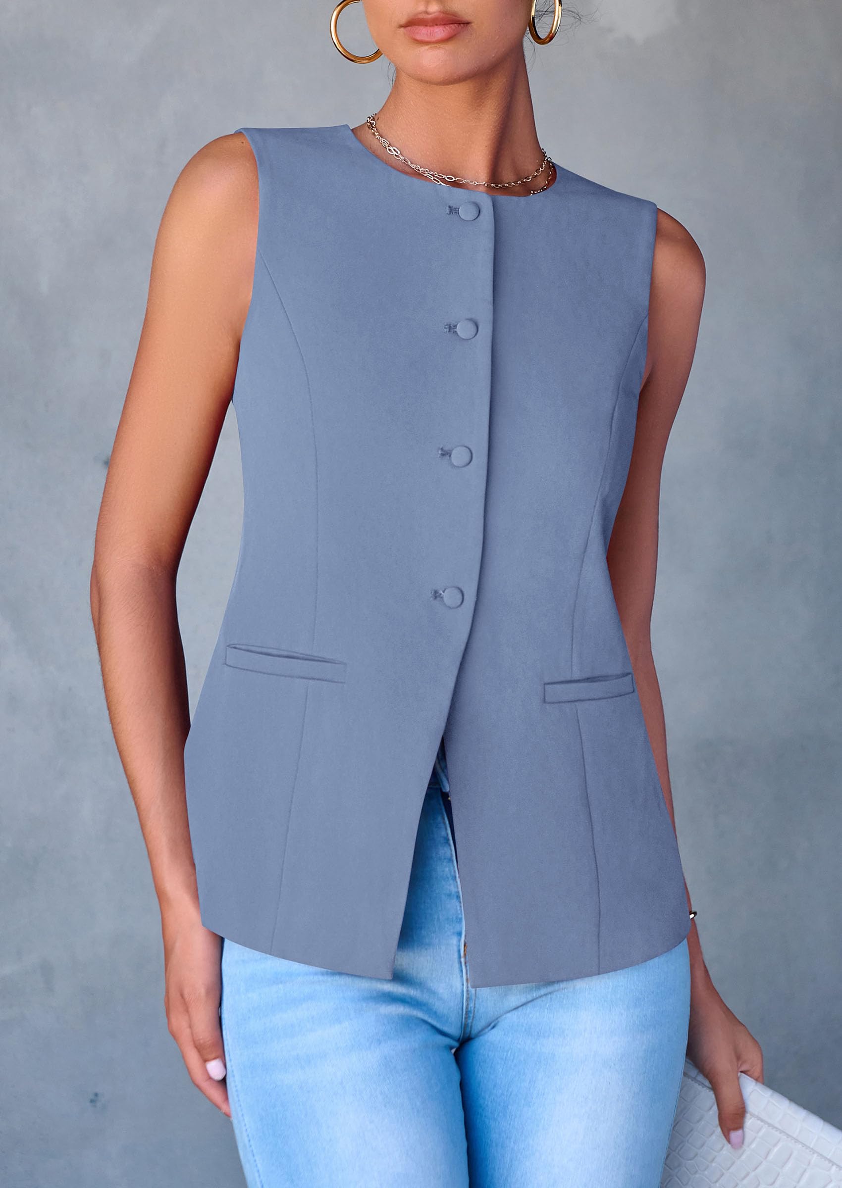 Women Tailored Suit Vest Business Casual Tops, Dusty Blue,S
