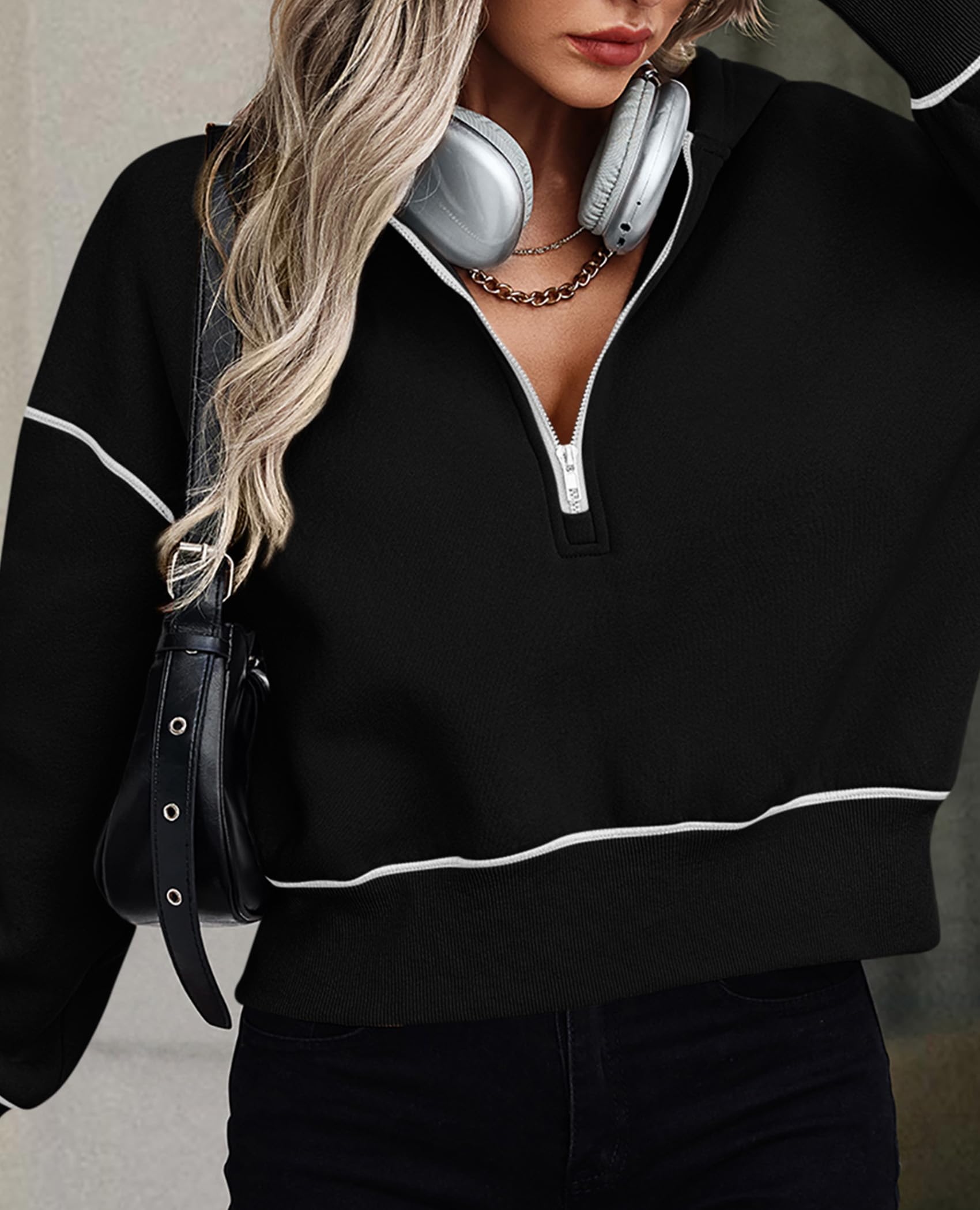 Women's Fall Half Zip Cropped Hoodie Sweatshirt Black