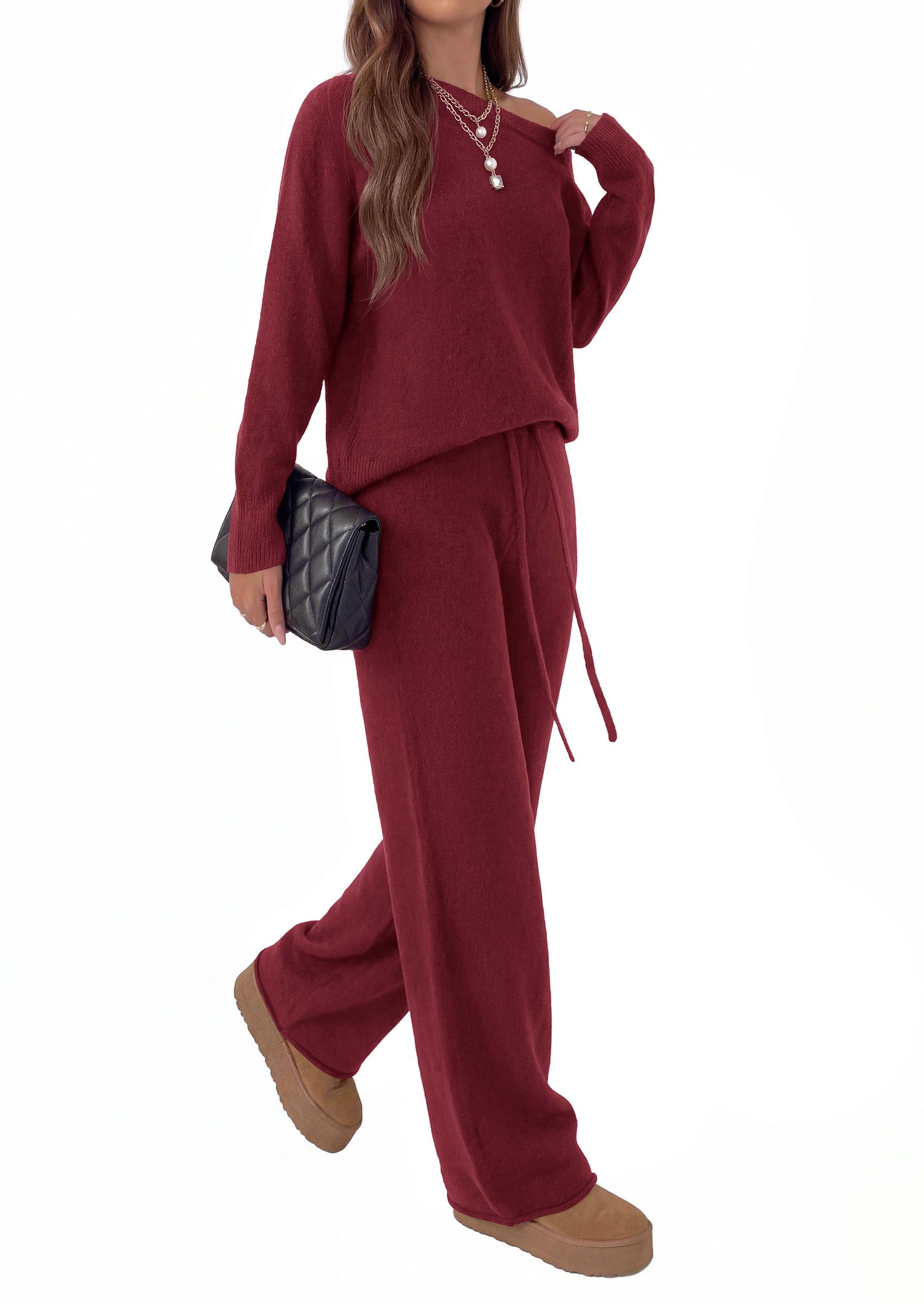 Lounge Sets Womens Sweaters Two Piece Outfits (Wine Red,S)