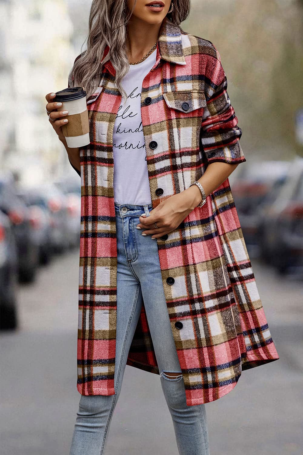 Womens Plaid Shacket Jacket Flannel Shirts,Red,S
