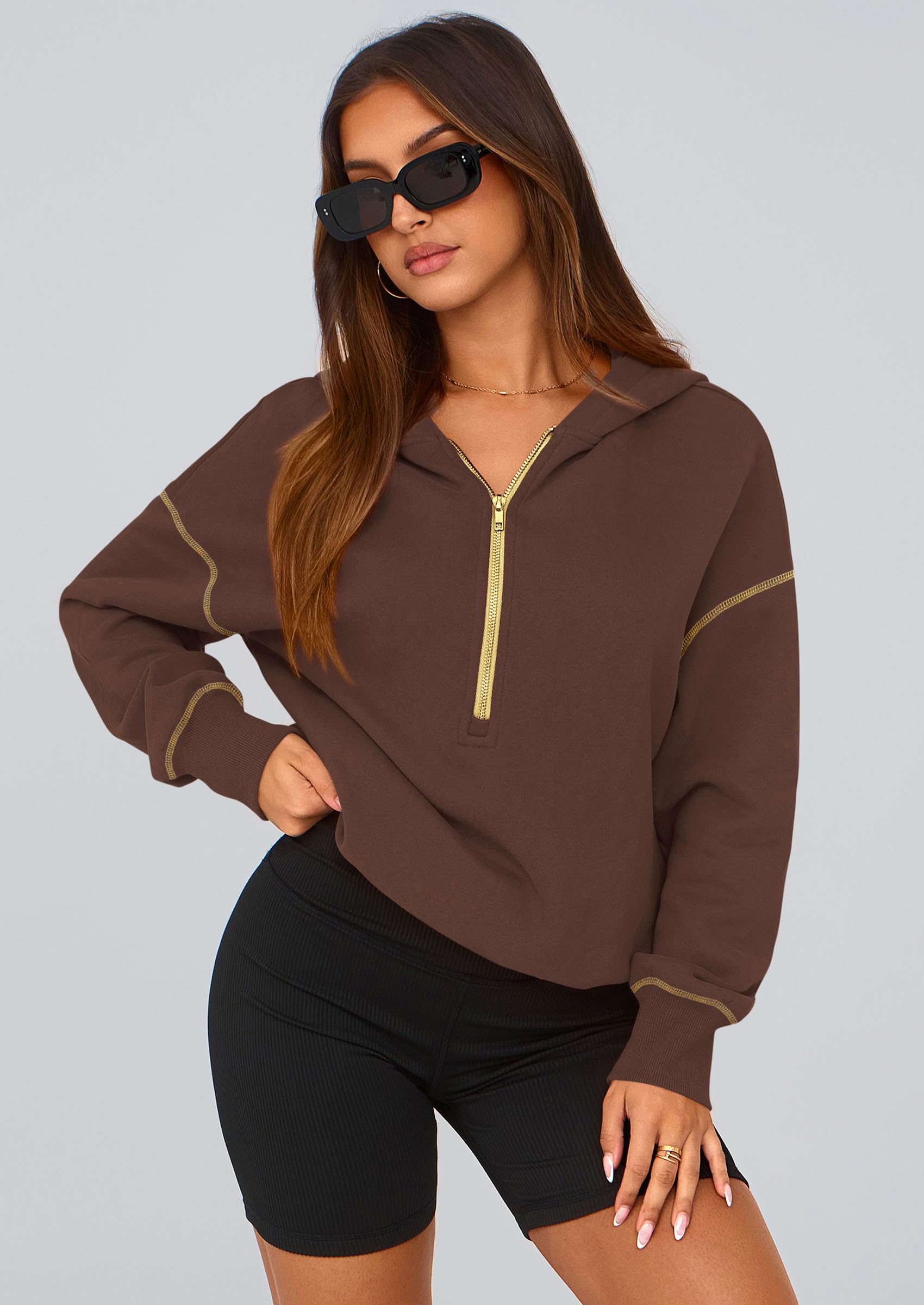 Women's Fall Half Zip Cropped Hoodie Sweatshirt Brown Coffee