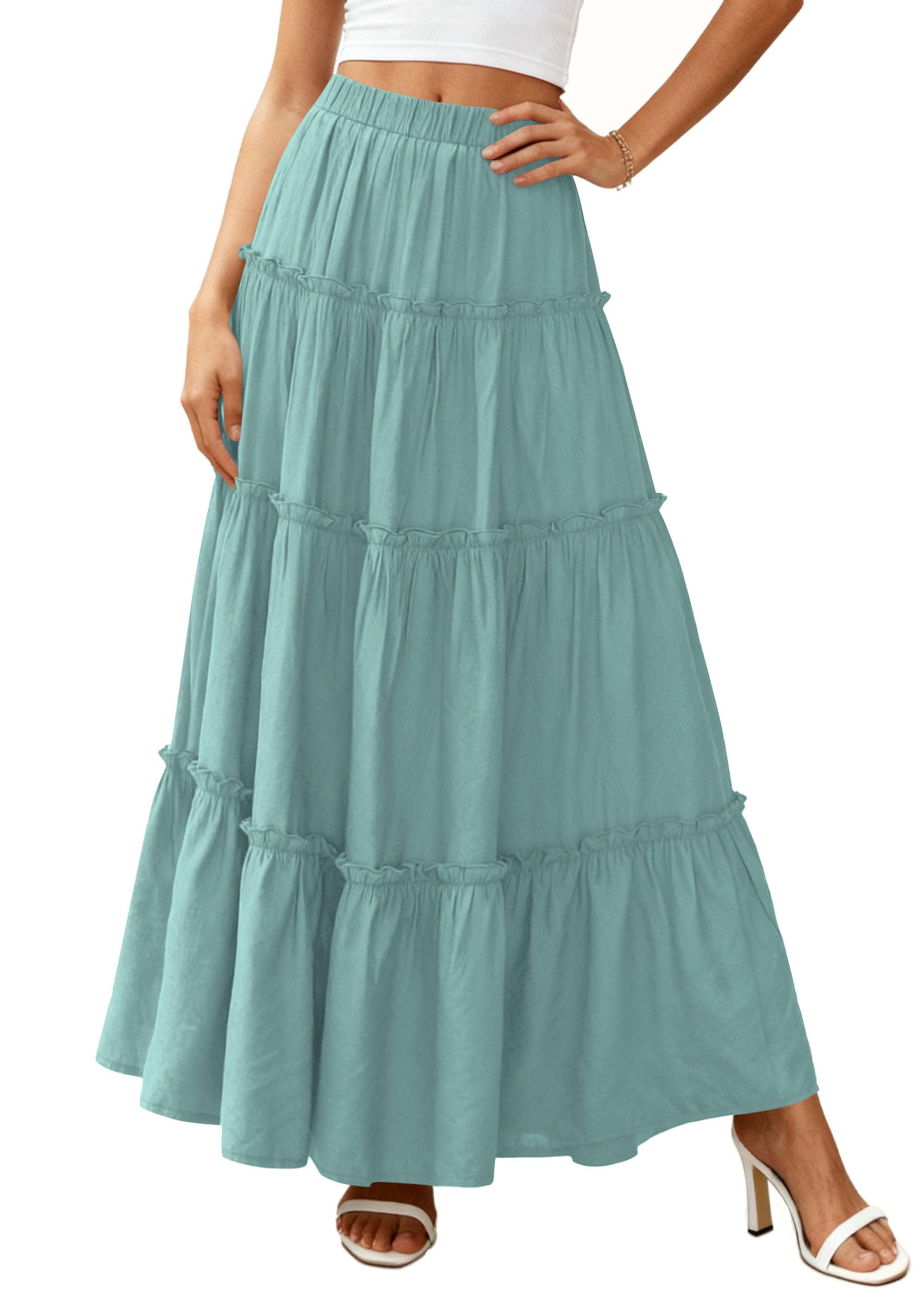 Women's Boho Tiered Ruffle Flowy Maxi Skirt, Blue Green,S