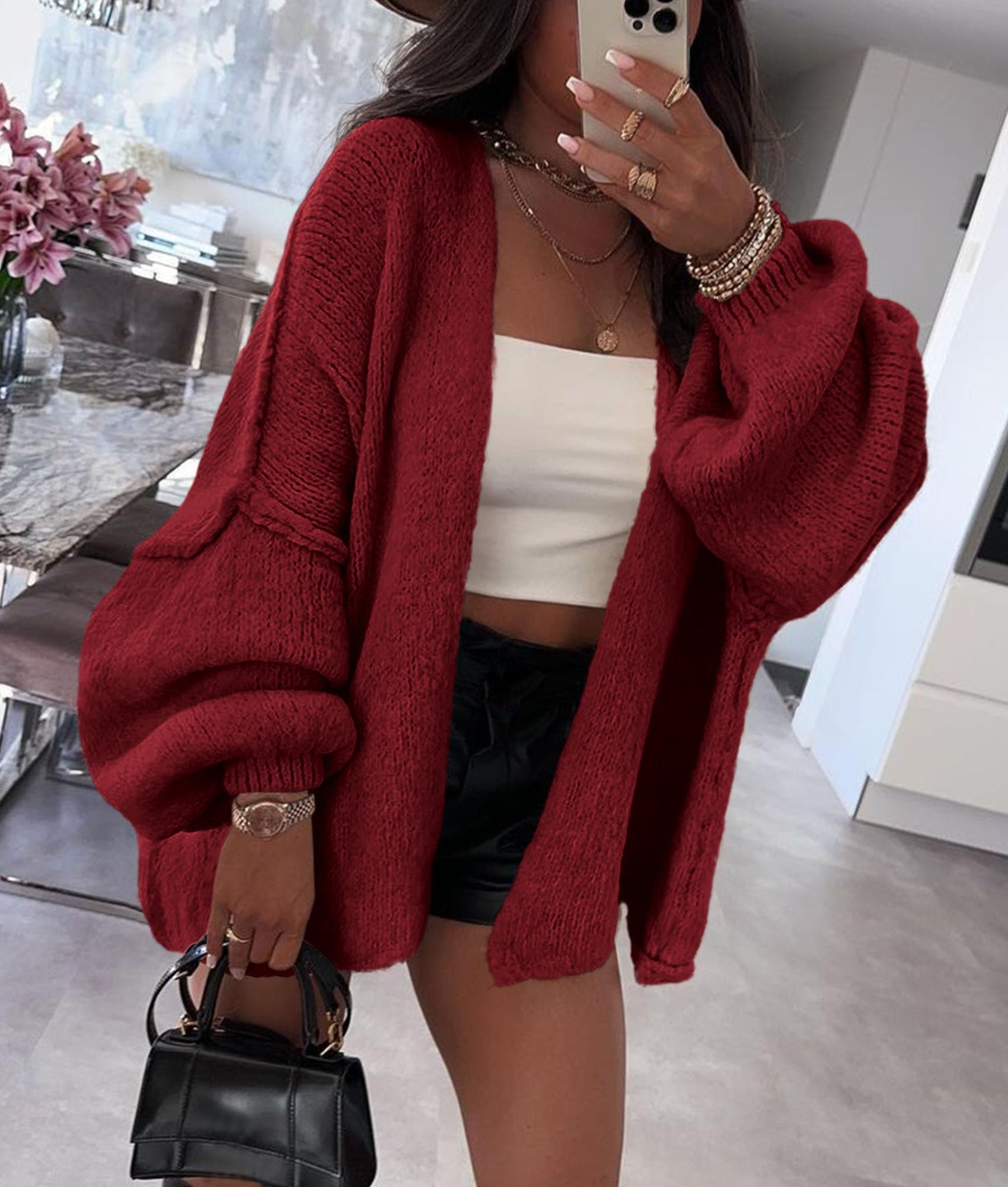 Womens Open Front Oversized Cardigan Sweaters,Wine Red,XS