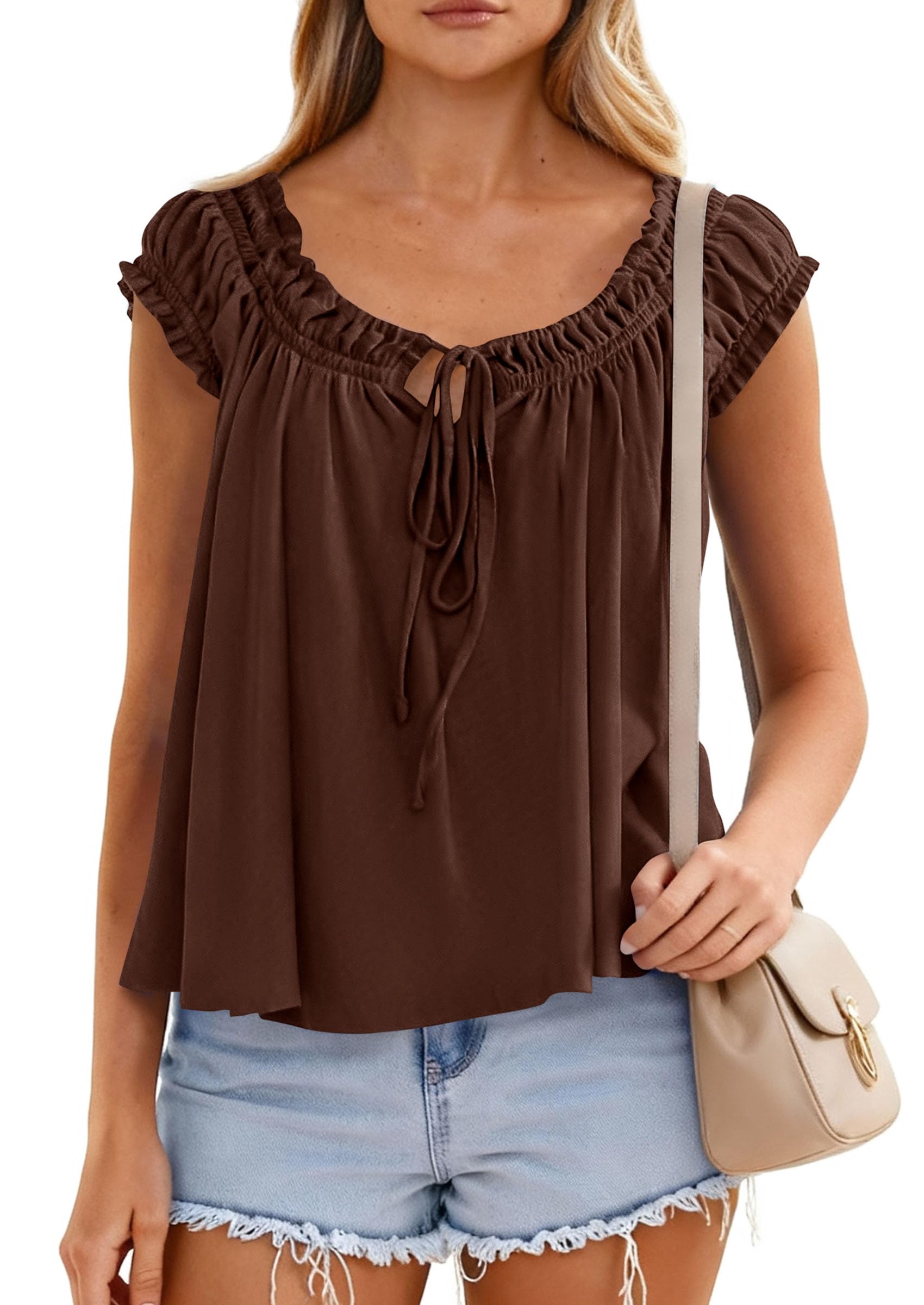 Womens Summer Tank Tops Babydoll Peplum Blouses,Brown,XS