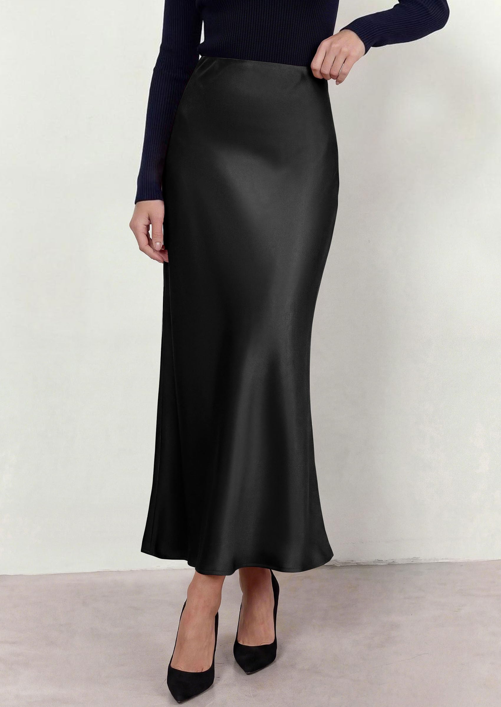 Women's Silk Satin Maxi Skirts Fall Clothes (Black,S)