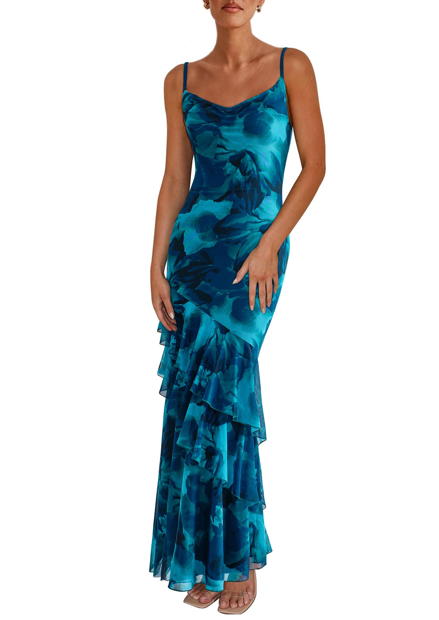Women's Boho Floral Tiered Maxi Dress, Print Blue Green,XS