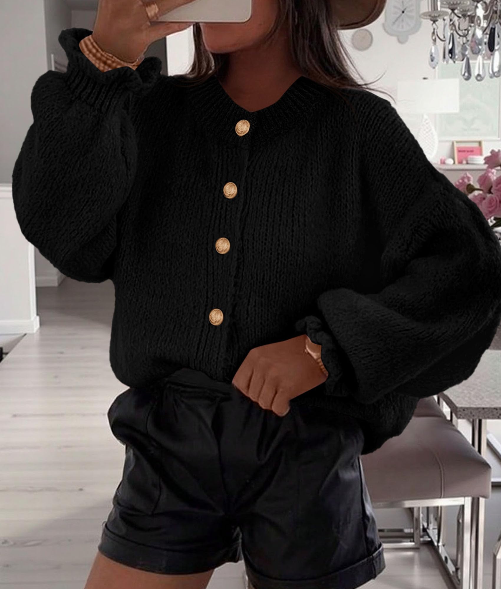 Womens Long Sleeve Chunky Knit Cardigan Sweaters,Black,S