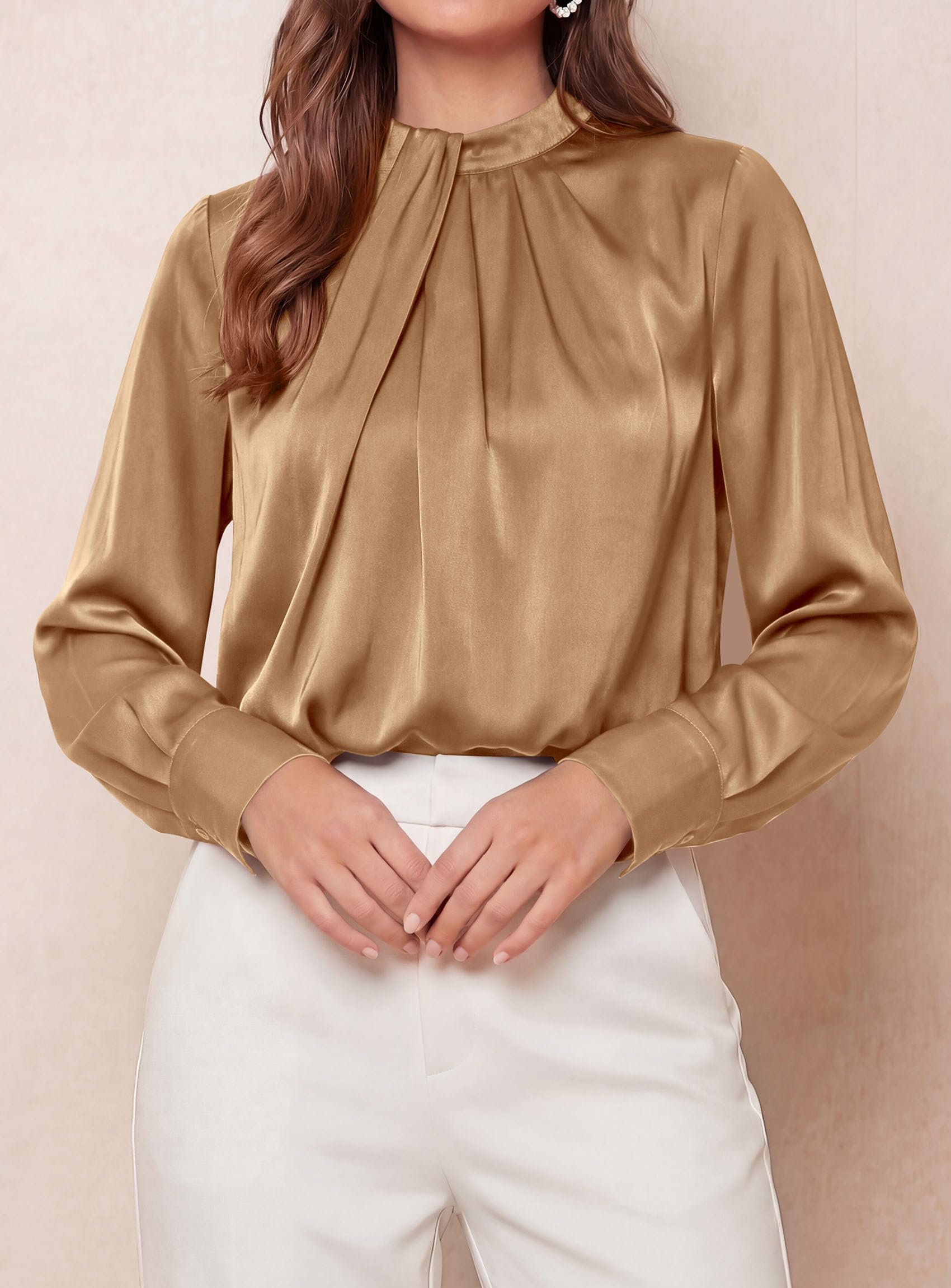Satin Blouses for Women Dressy Casual Long Sleeve Shirts Khaki