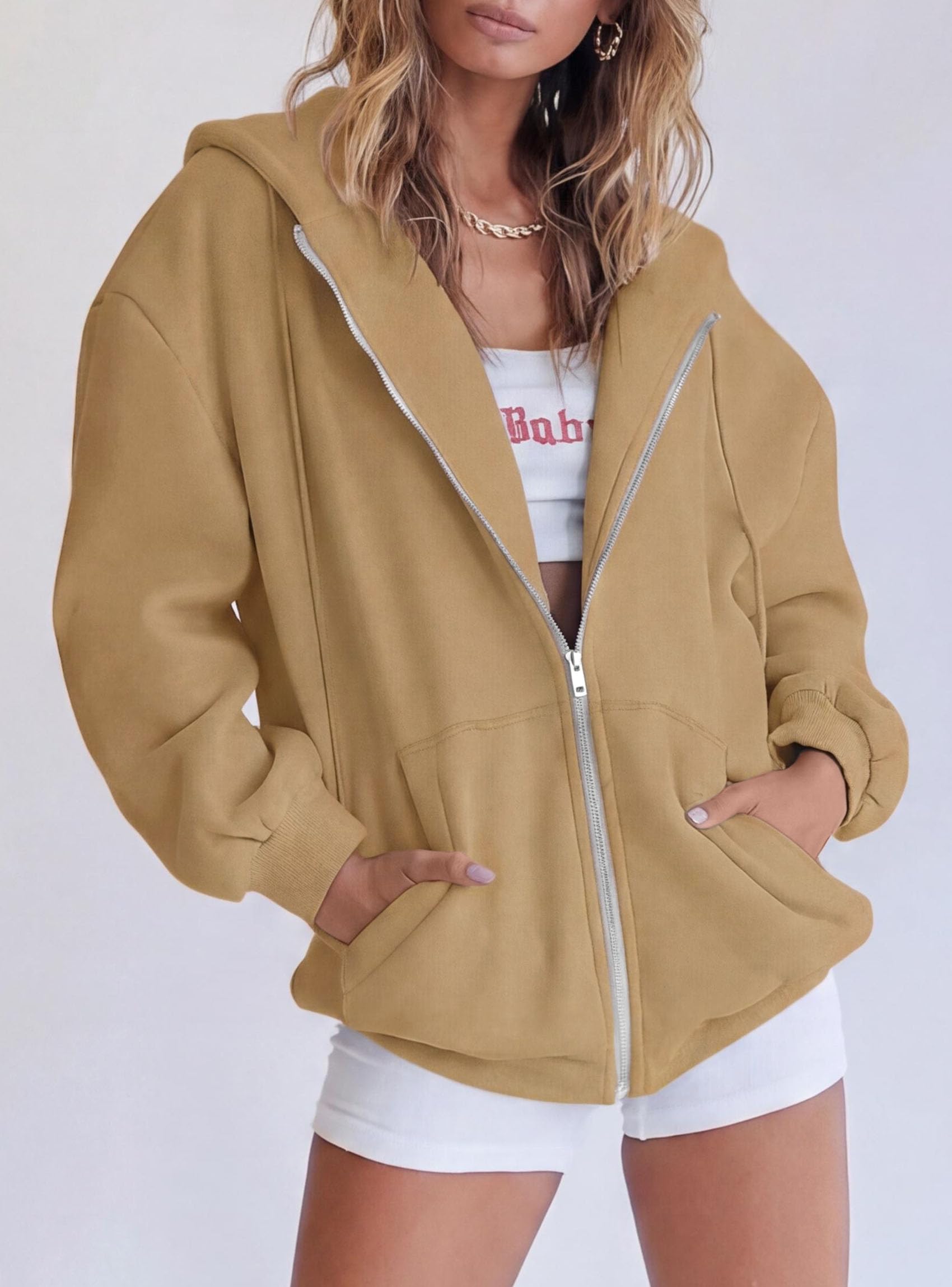 Women's Fall Zip Up Hoodies Sweatshirts Khaki