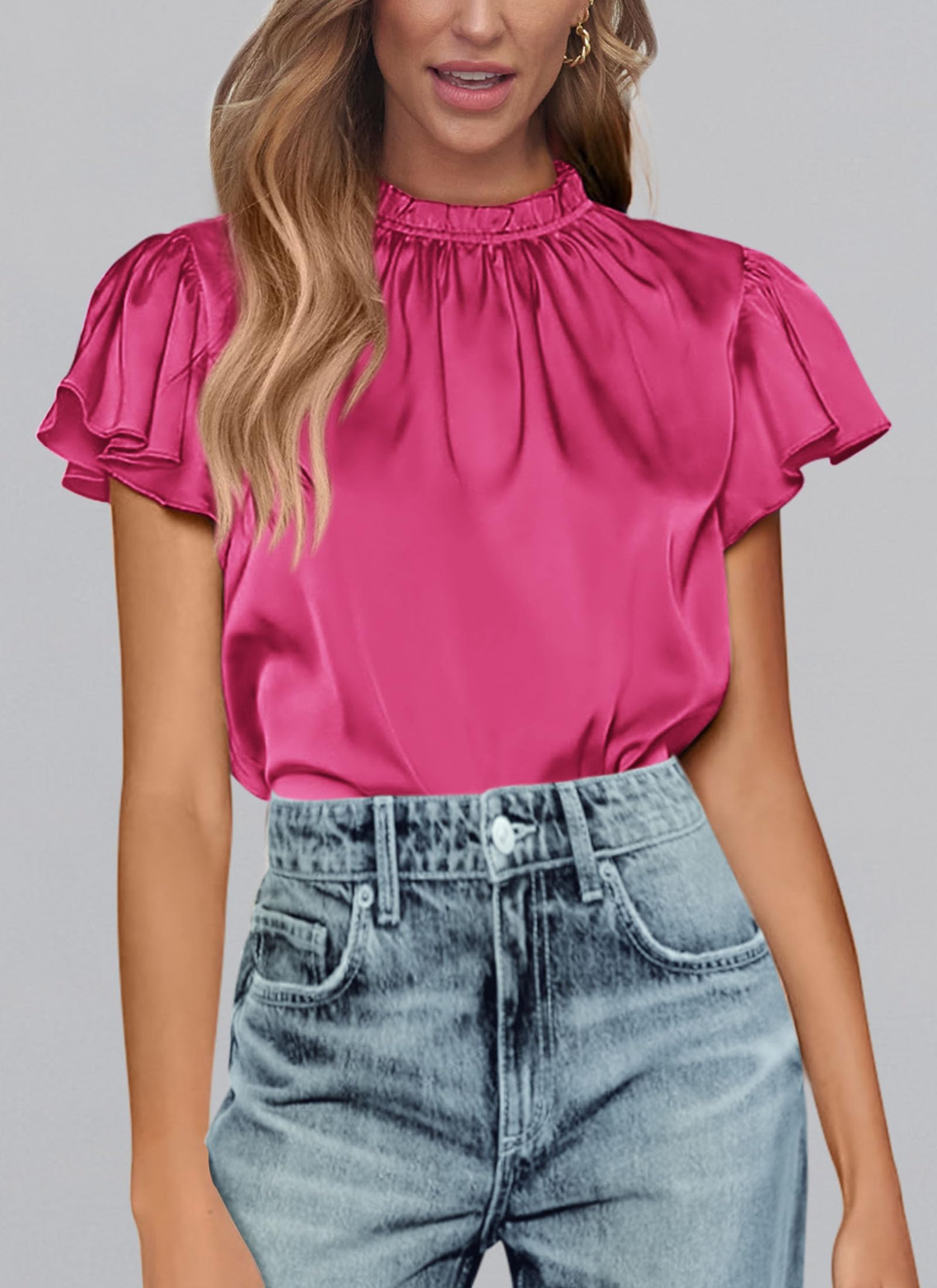 Women's Satin Tops Business Casual Work Blouses, Rose Red,S