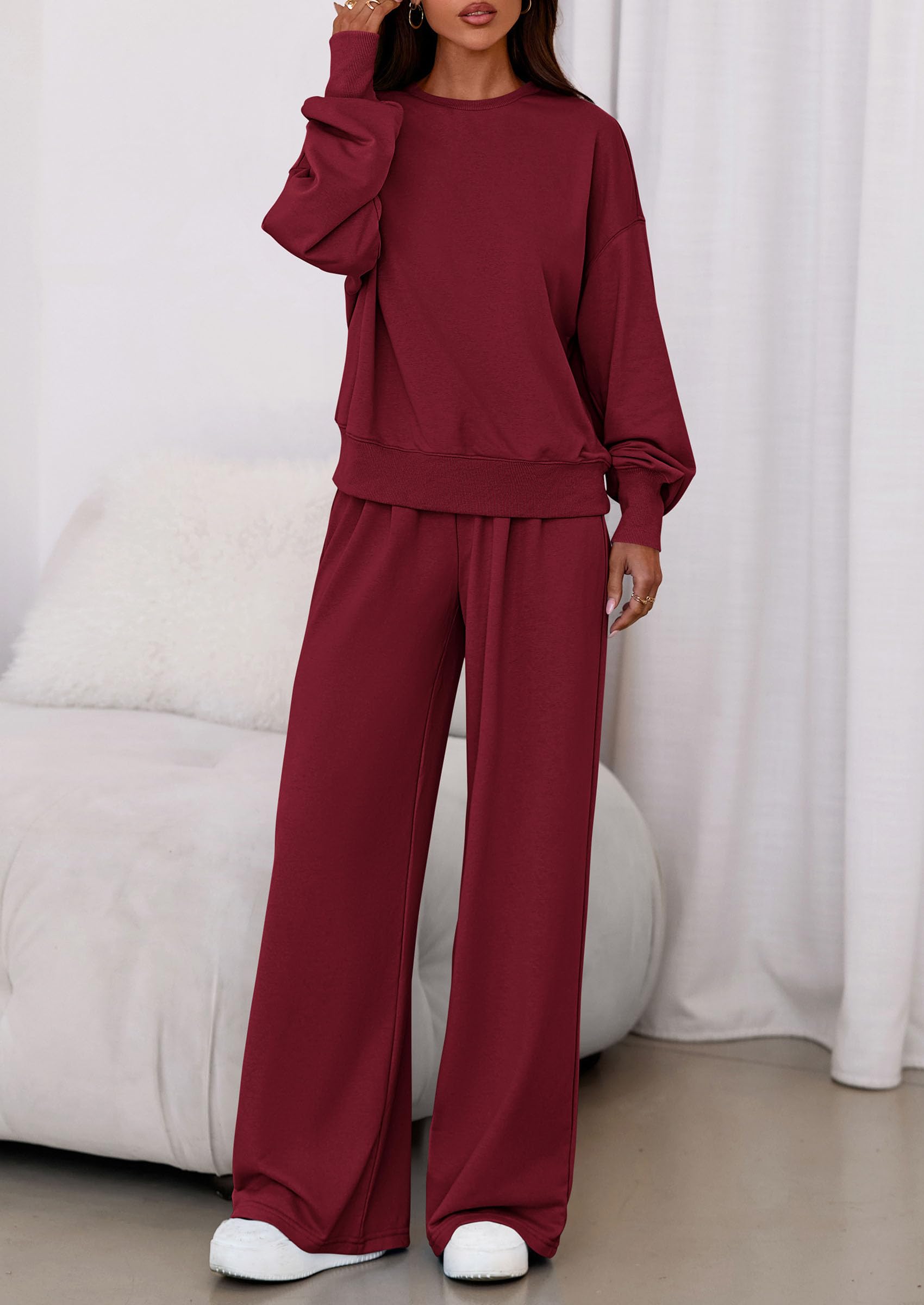 Womens Loose Fit Casual 2 Piece Lounge Set,Wine Red,S