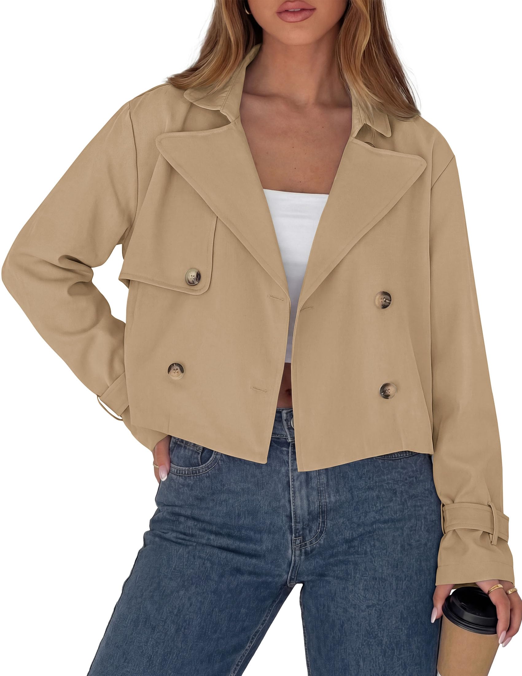 Cropped Trench Coat For Women Short Jacket,Khaki,S