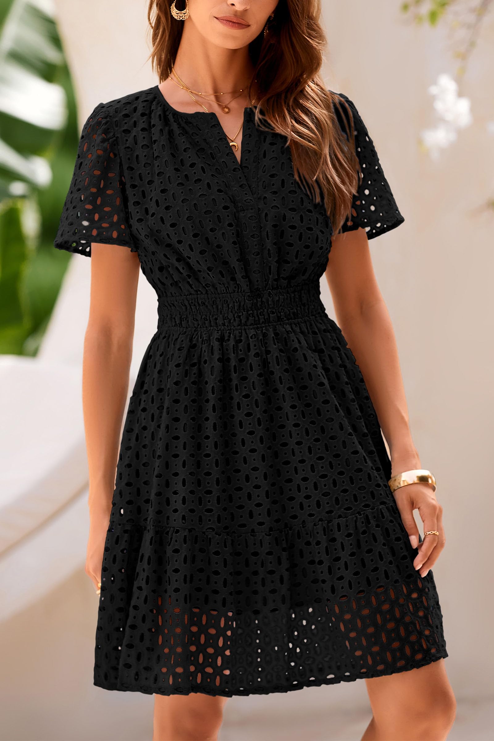 Women's Summer Eyelet Lace Short Dresses (Black,S)