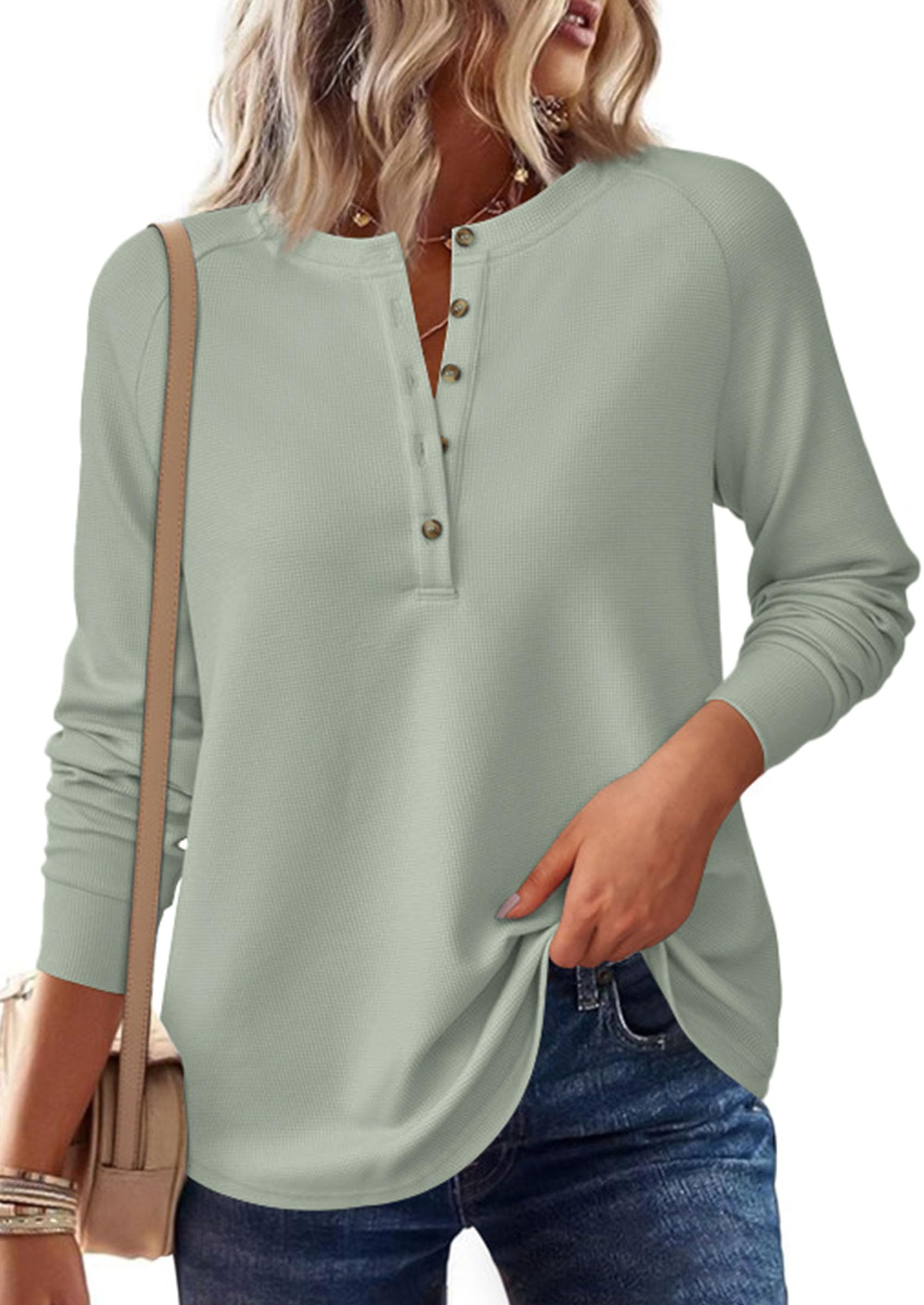 Women's Long Sleeve Waffle Knit Henley Shirts Loose Tunic Tops