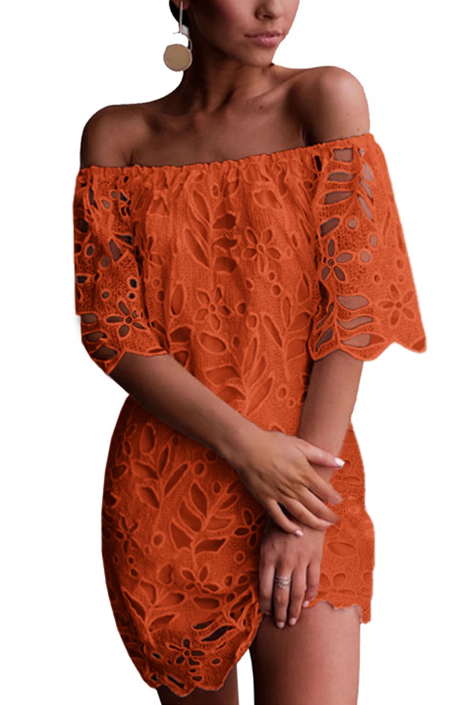 Women's Boho Off the Shoulder Lace Mini Dress, Brick Red,S