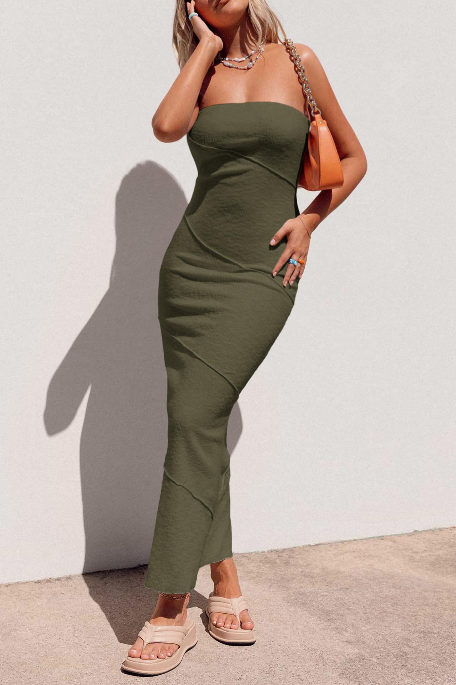 Women's Summer Strapless Bodycon Maxi Dress Army Green,X-Small