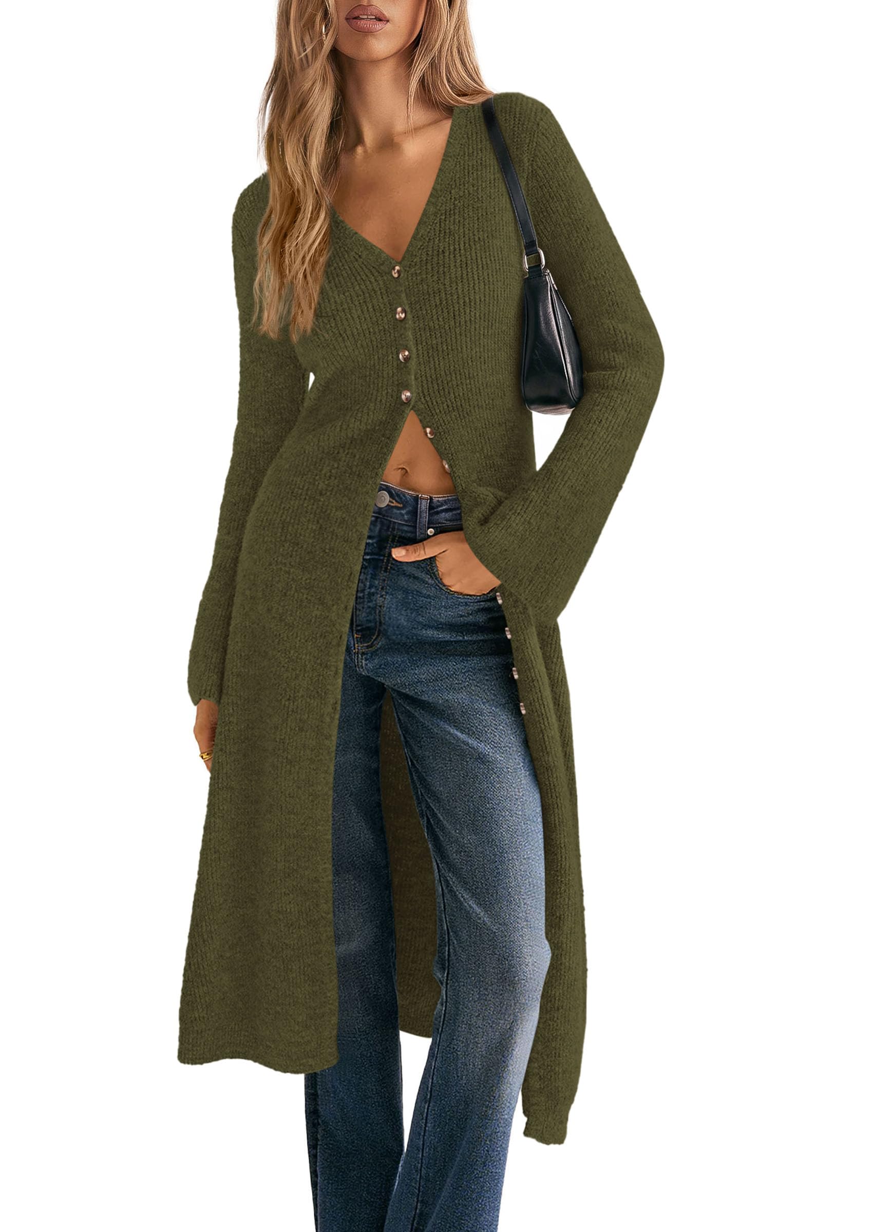 Women Long Cardigan Bell Sleeve Sweater Dress (Army Green,S)