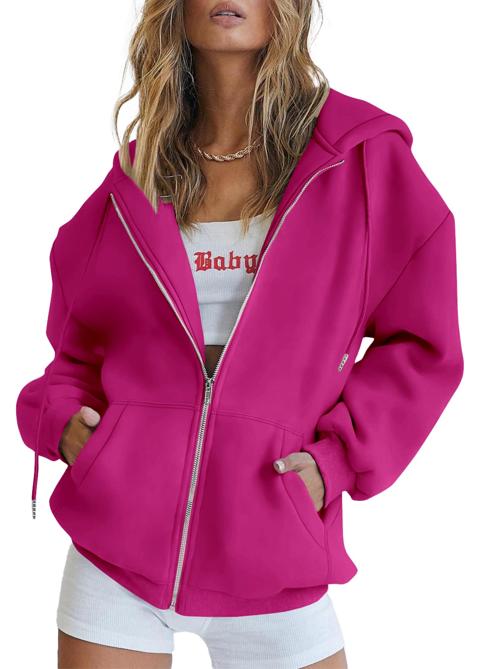Women's Fall Zip Up Hoodies Sweatshirts Rose Red