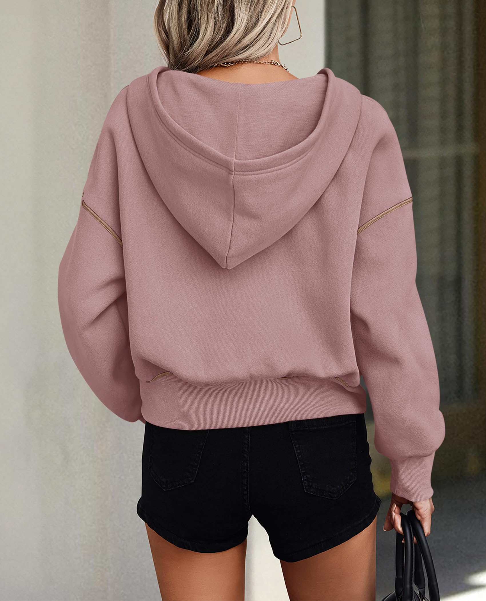 Women's Fall Half Zip Cropped Hoodie Sweatshirt Pink