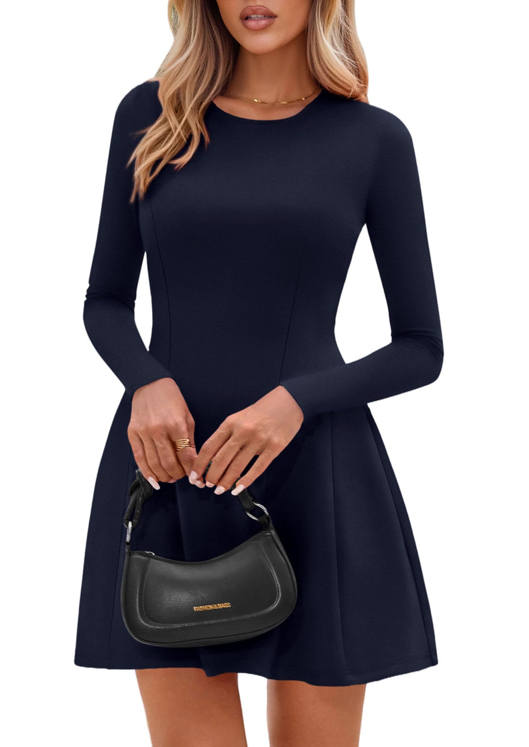 Womens Long Sleeve Pleated Mini Dress,Navy,XS