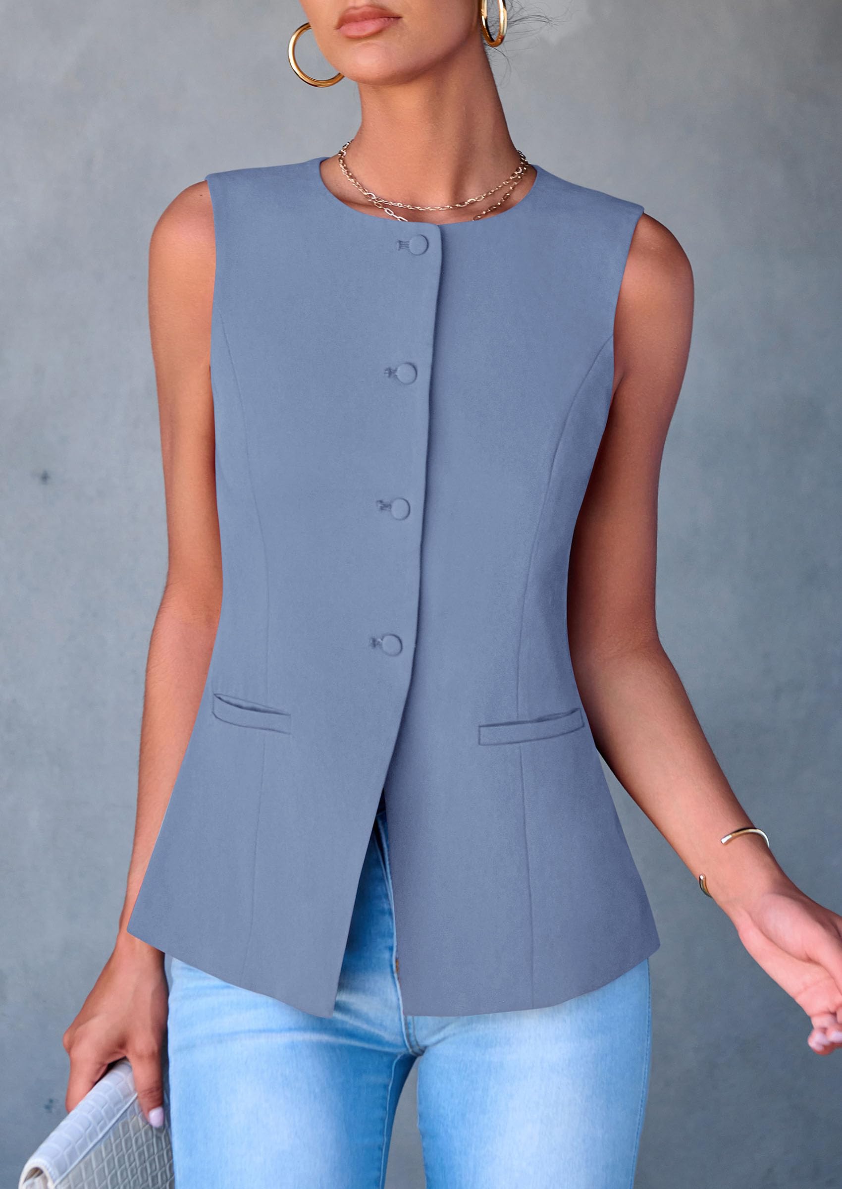 Women Tailored Suit Vest Business Casual Tops, Dusty Blue,S