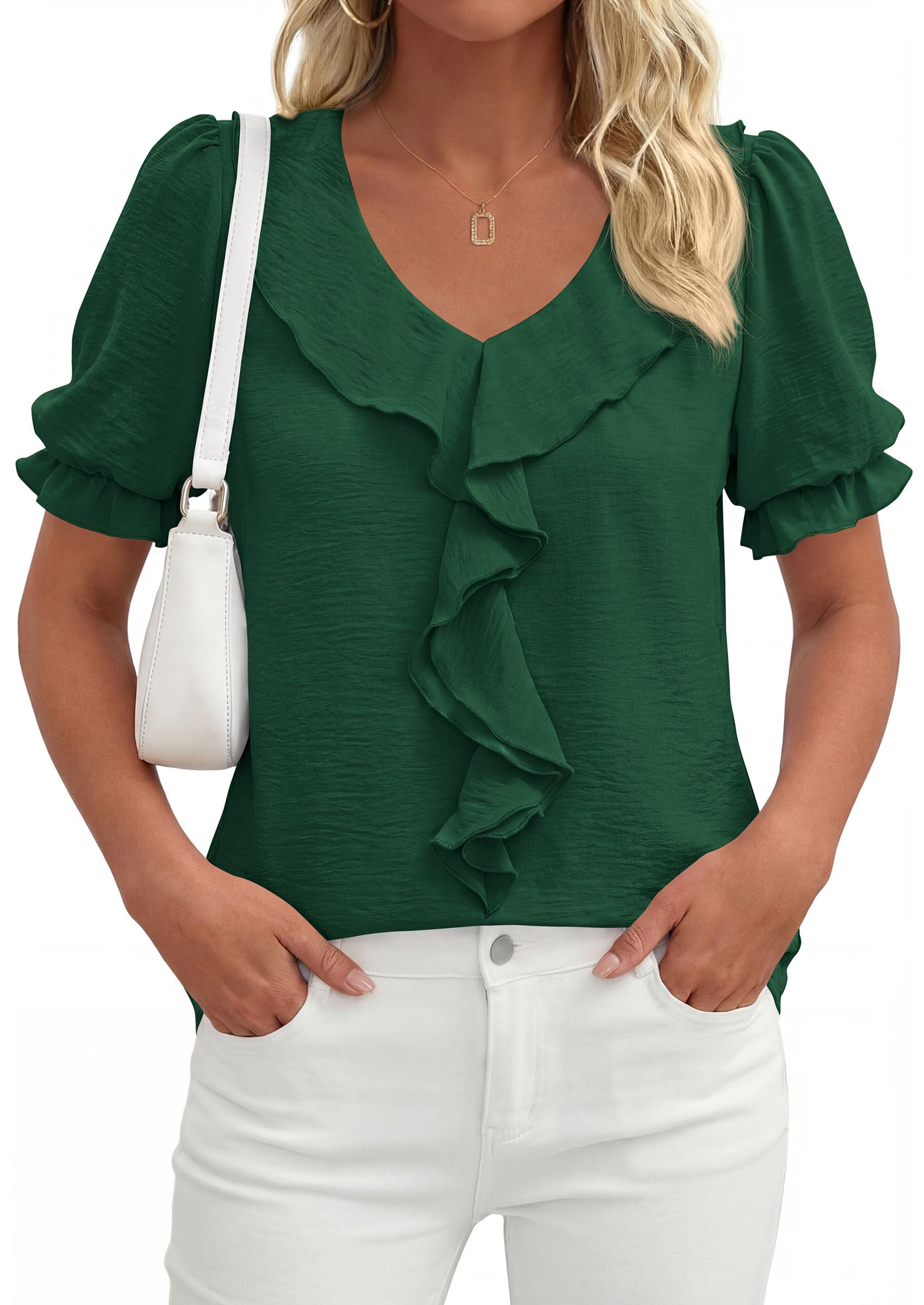 Women's Summer Ruffle Dressy Casual Blouses (Dark Green,S)