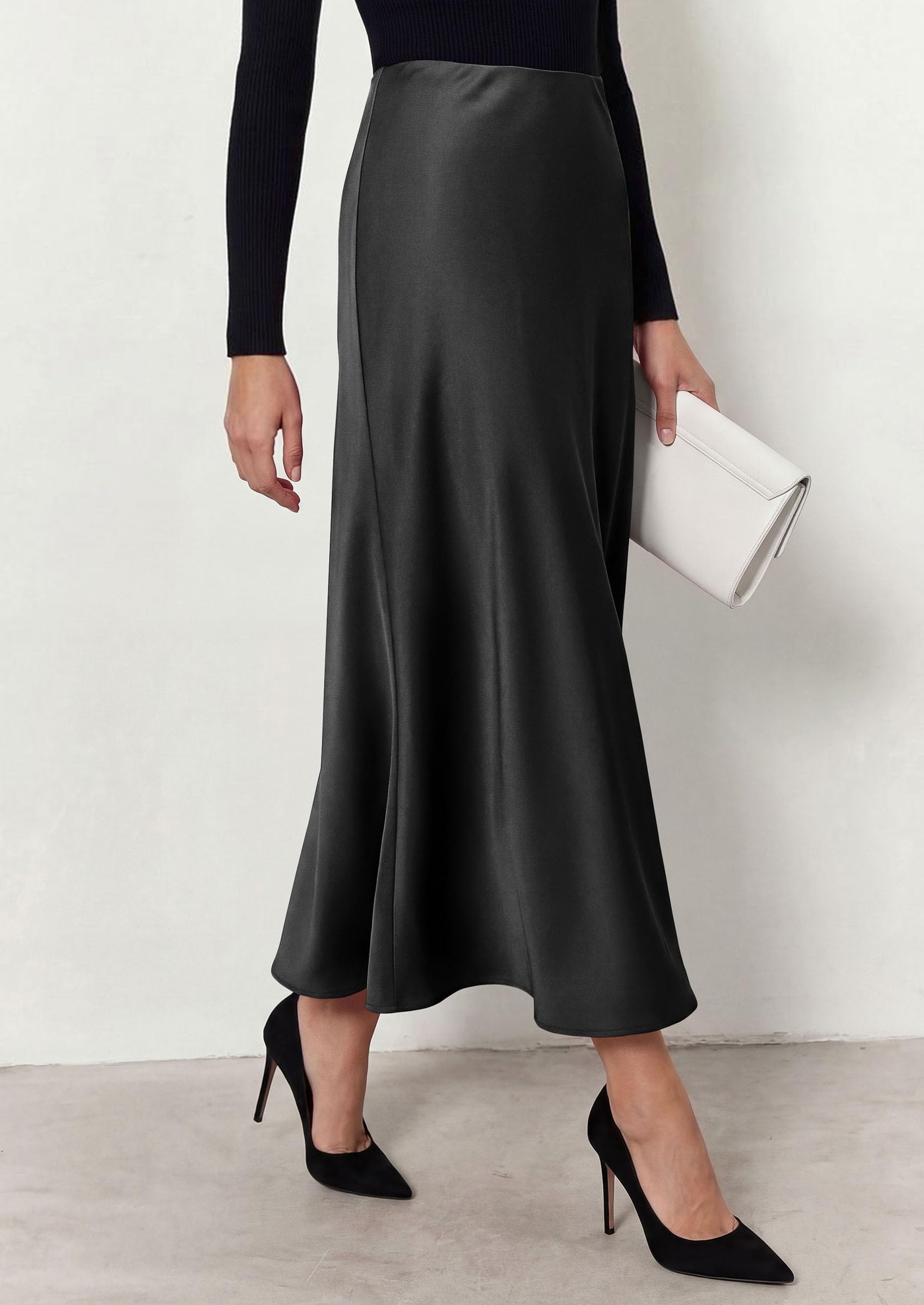 Women's Silk Satin Maxi Skirts Fall Clothes (Black,S)
