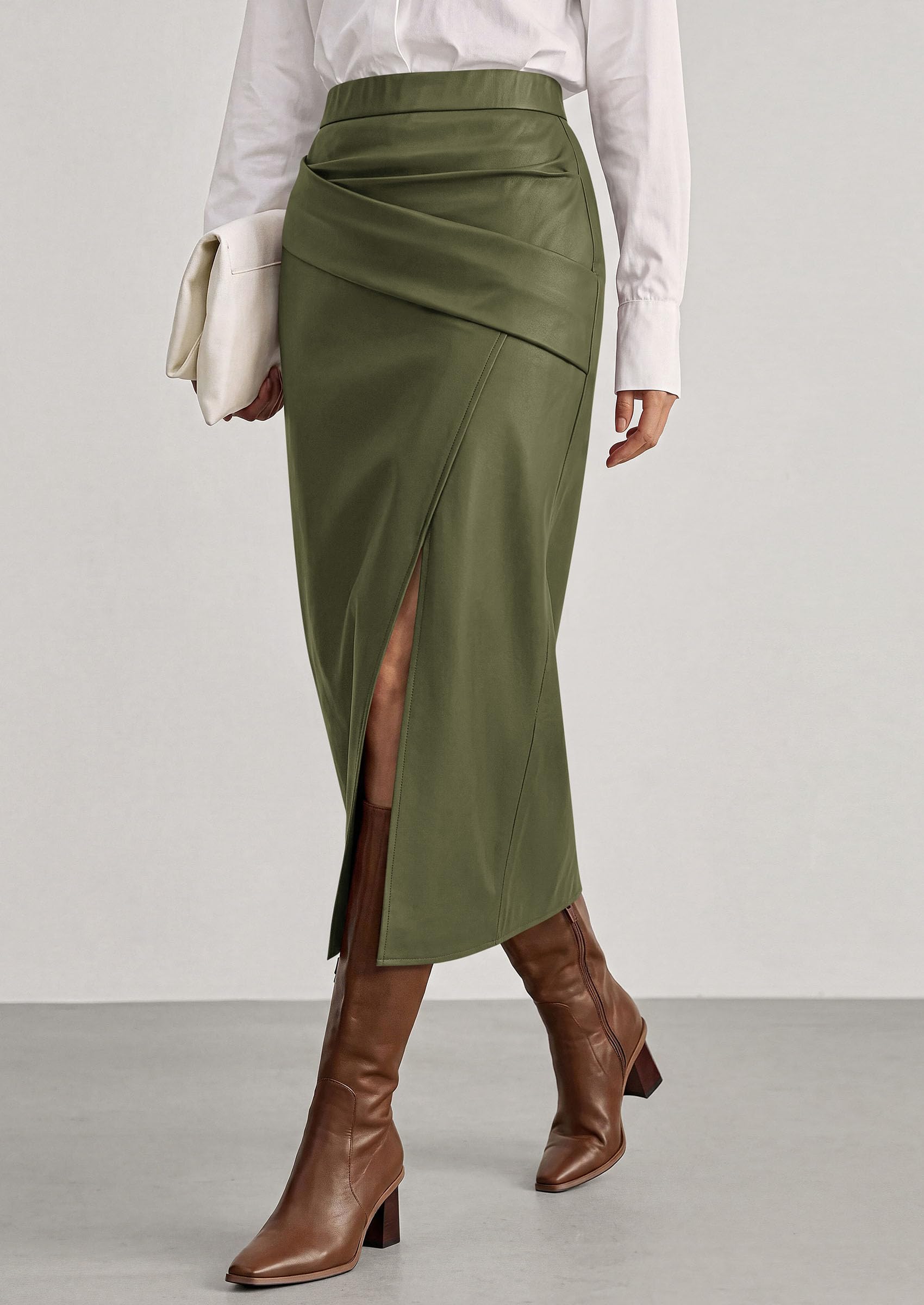 Faux Leather Long Skirts for Women Army Green,S