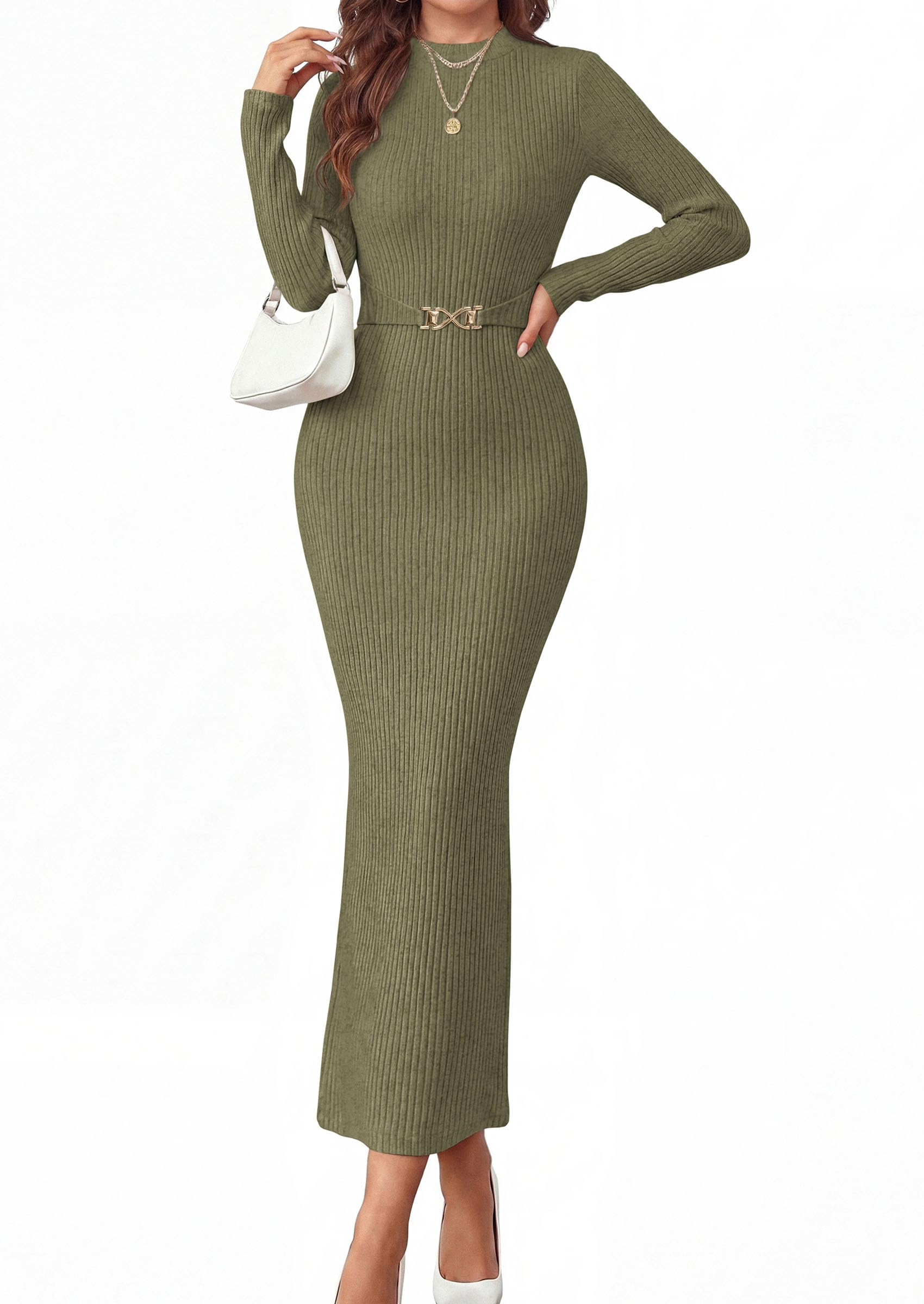 Women's Long Sleeve Bodycon Maxi Sweater Dress Army Green,L