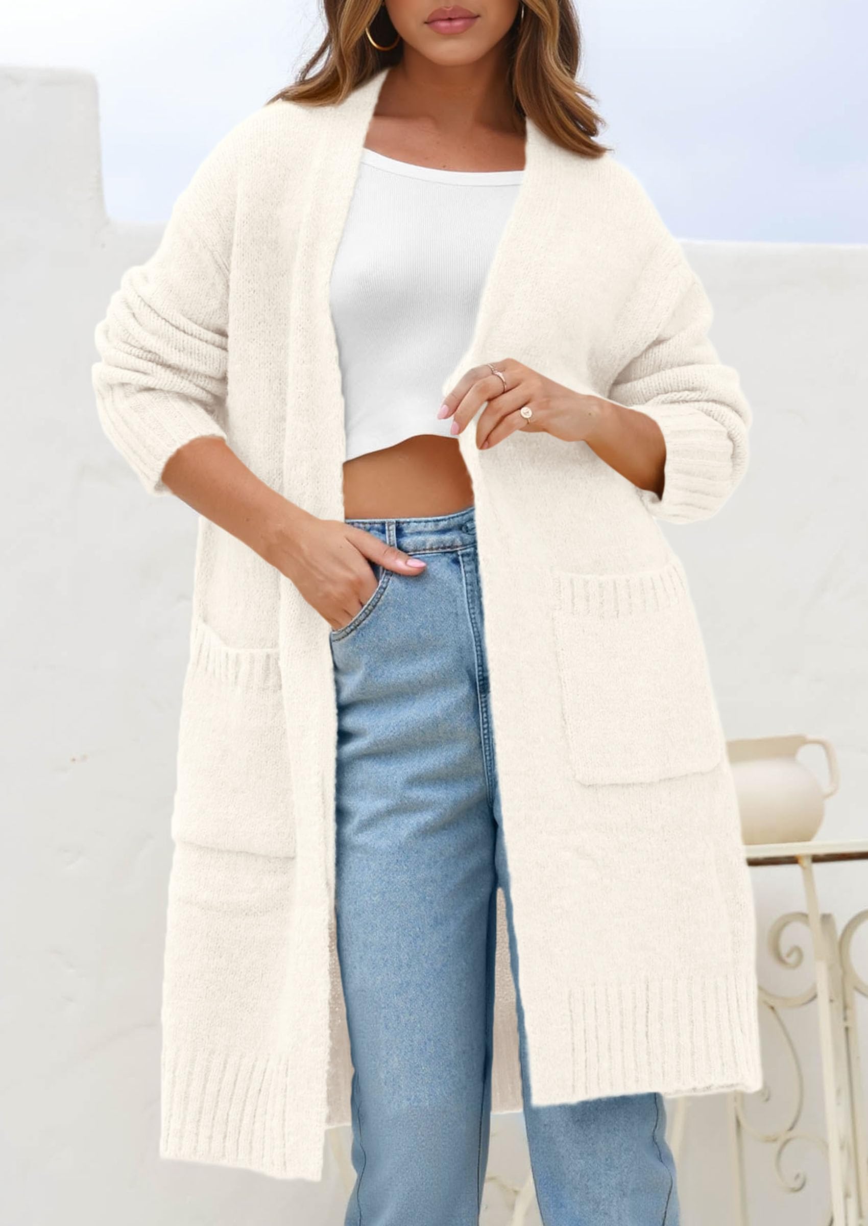 Open Front Cardigan Sweaters for Women,White,S