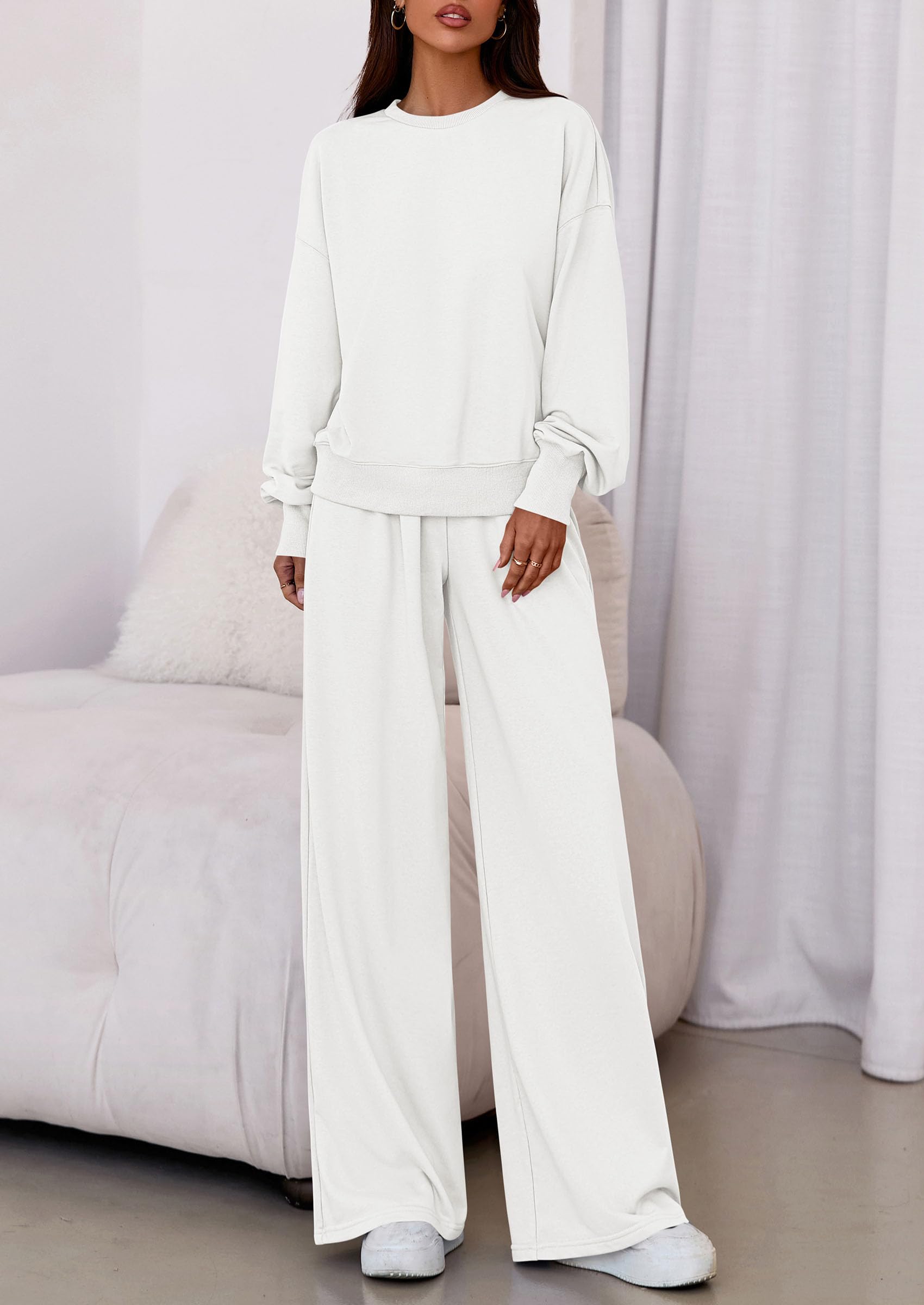 Womens Loose Fit Casual 2 Piece Lounge Set,White,M
