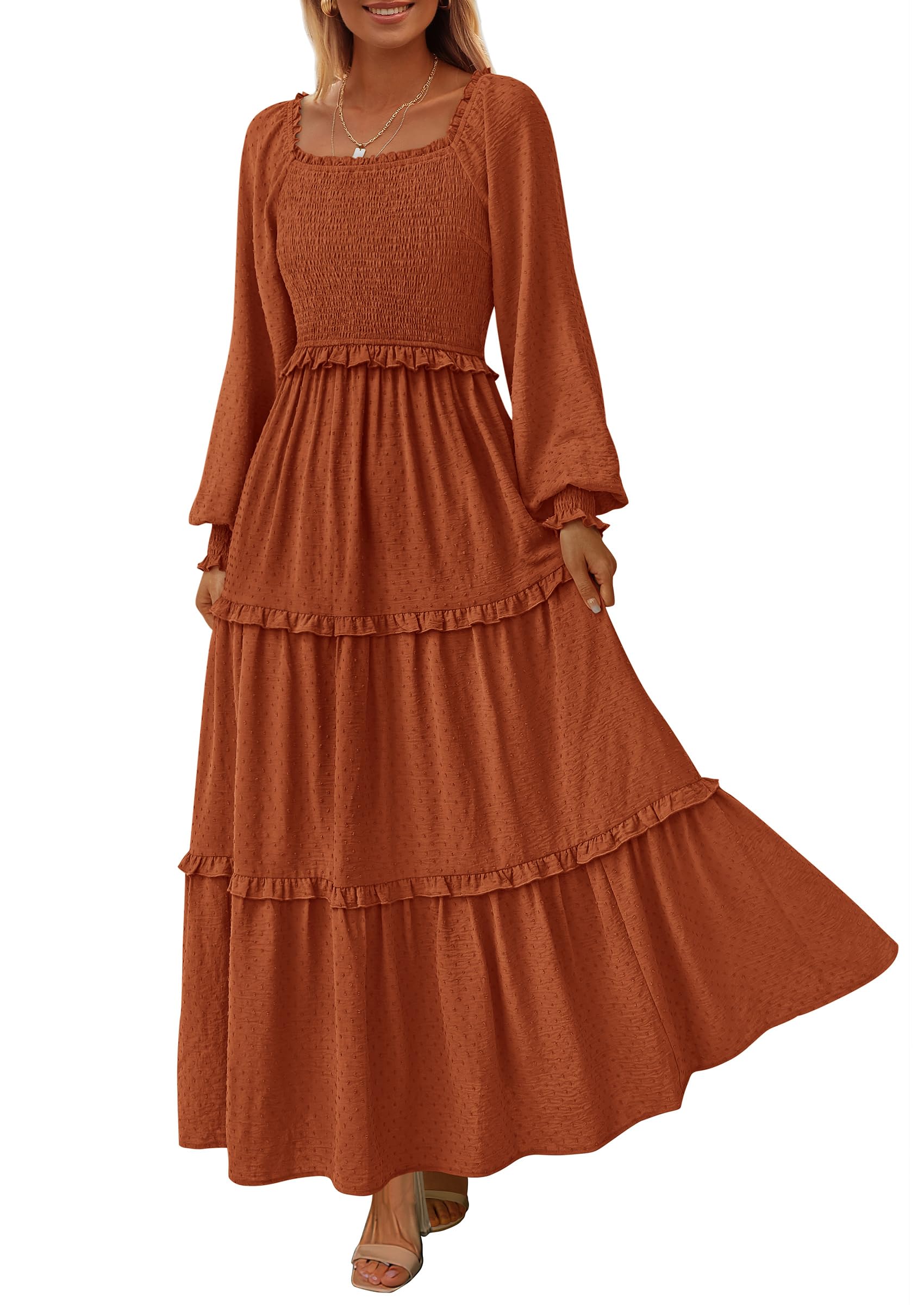 Women's Smocked Long Sleeve Maxi Dress Wedding Guest Dresses