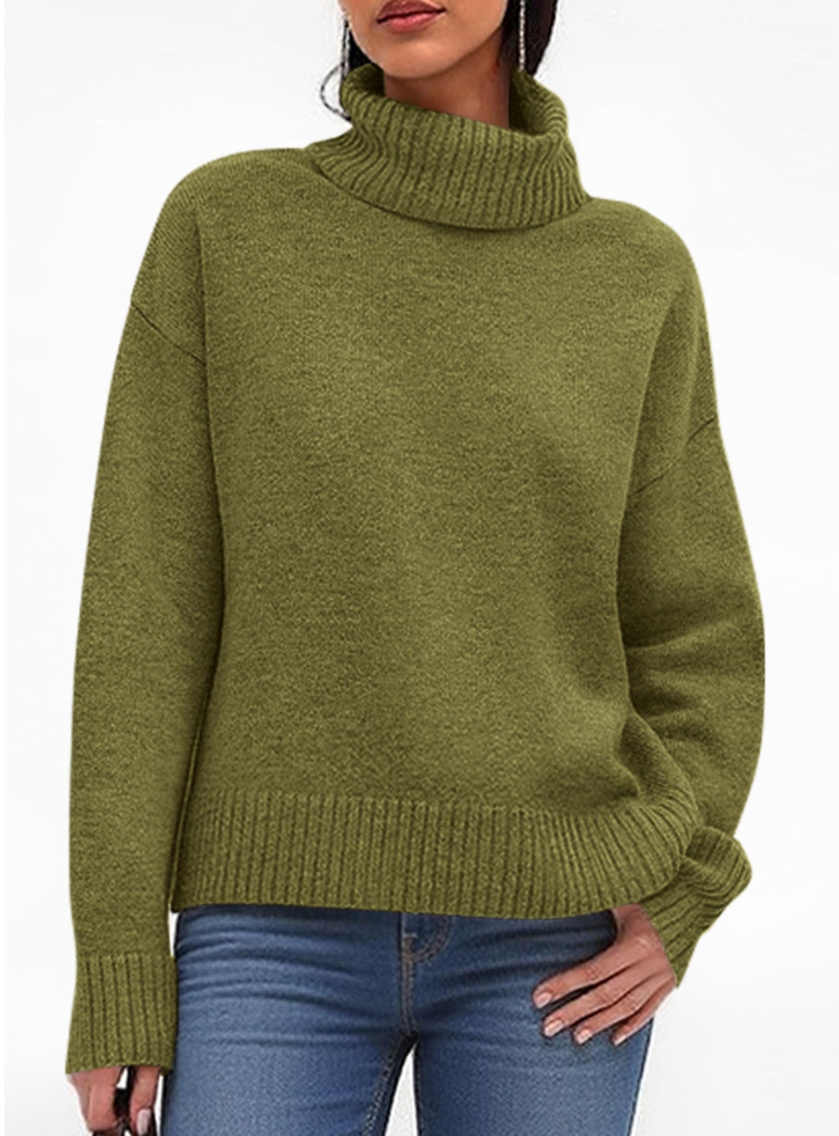 Womens Turtleneck Long Sleeve Knit Sweater,Olive Green,M