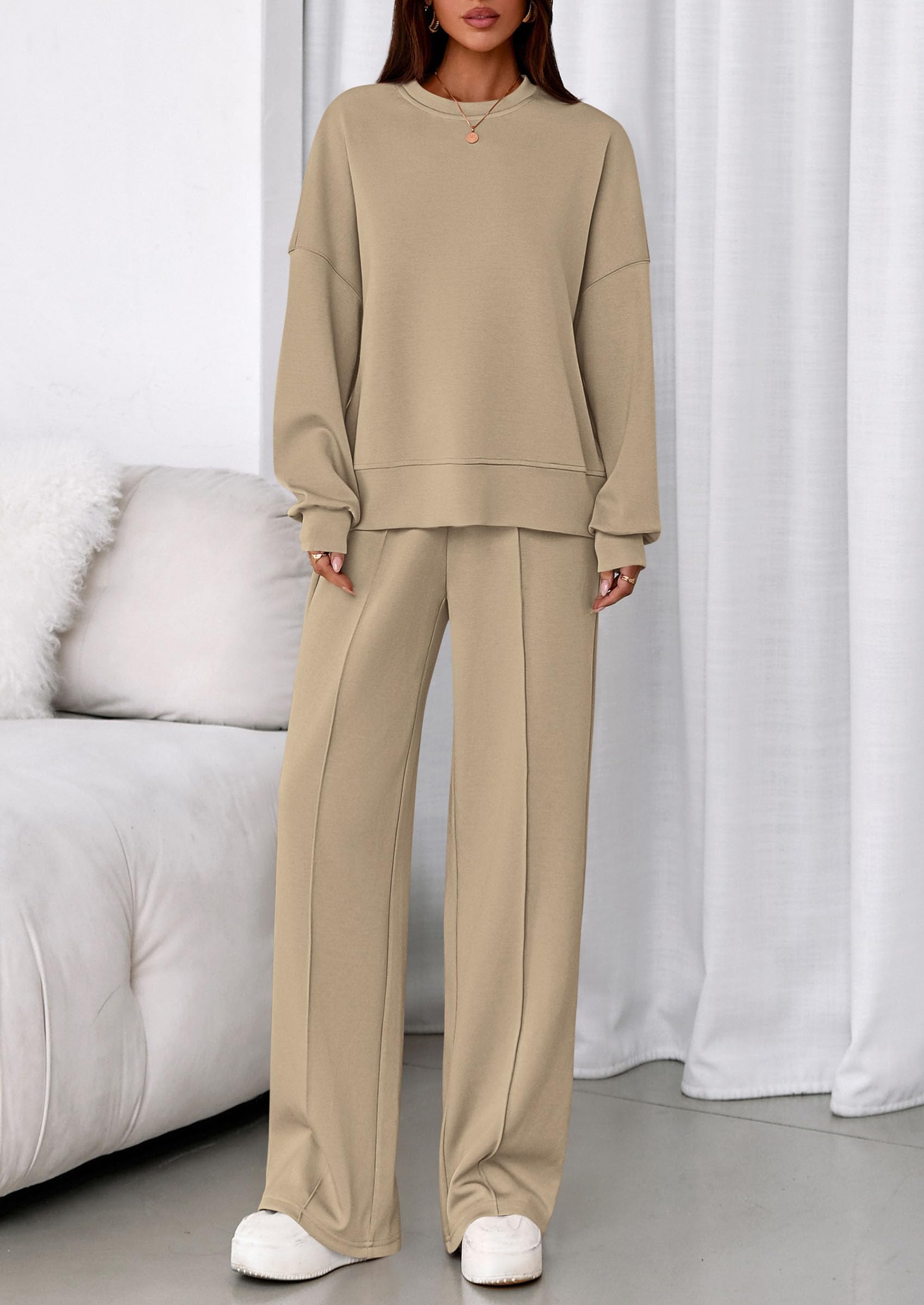 Womens Long Sleeve Sweatshirt 2 Piece Sets,Light Khaki,S
