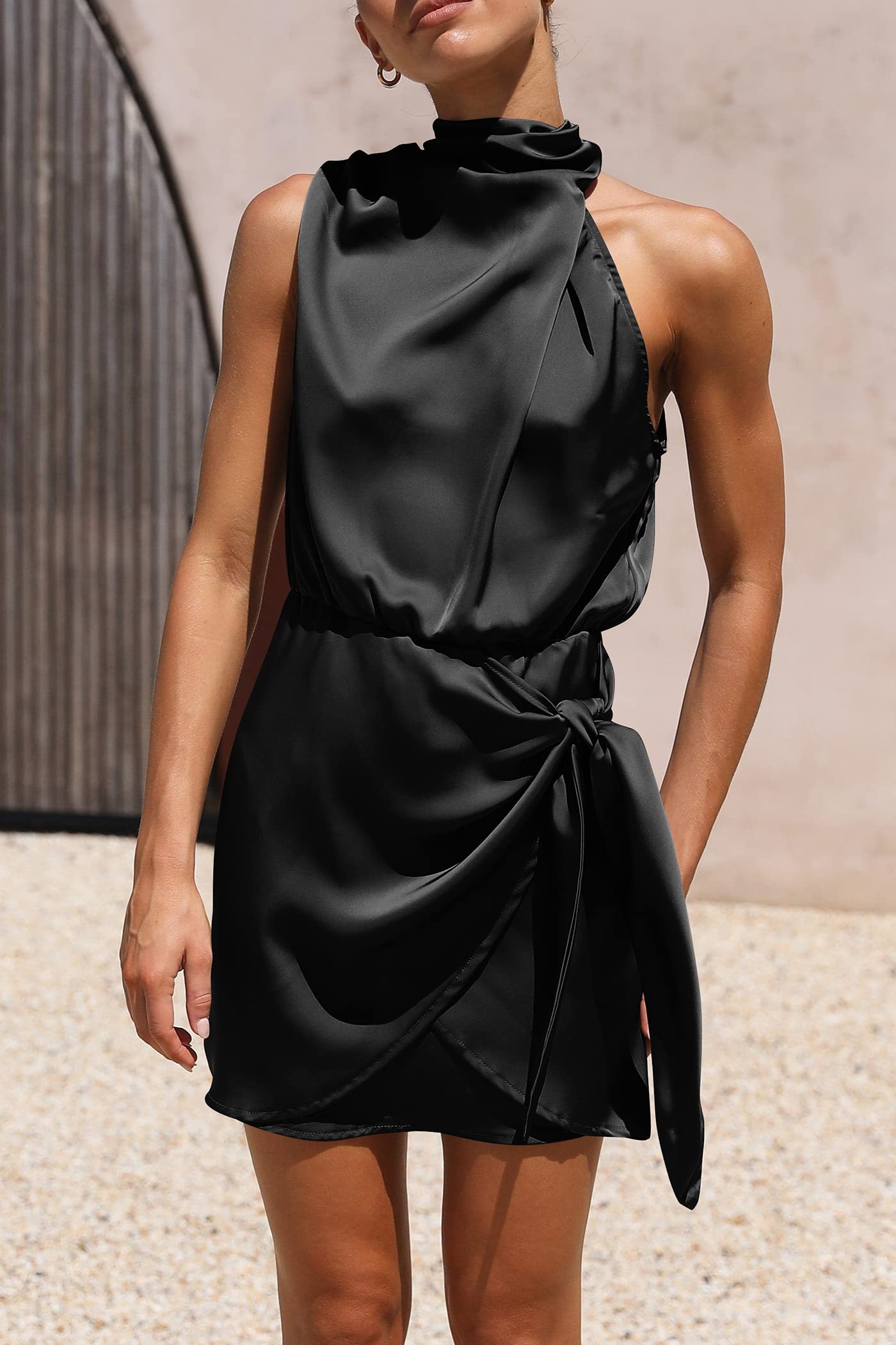 Women's Short Formal Satin Dress Summer Sleeveless Mock Neck Tie Waist Cocktail Party Dresses (Black,Small)