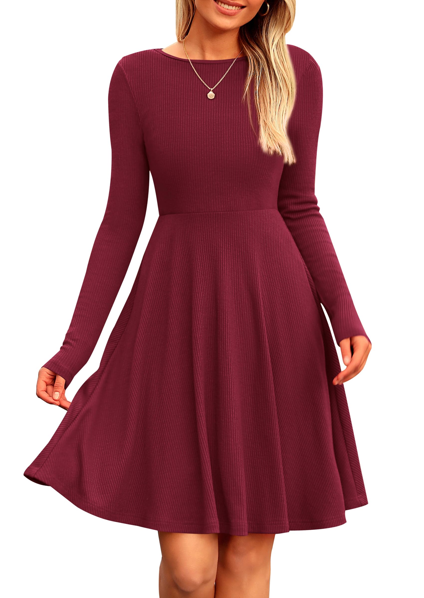 Women's Fall Casual Long Sleeve Short Dress (Wine Red,S)