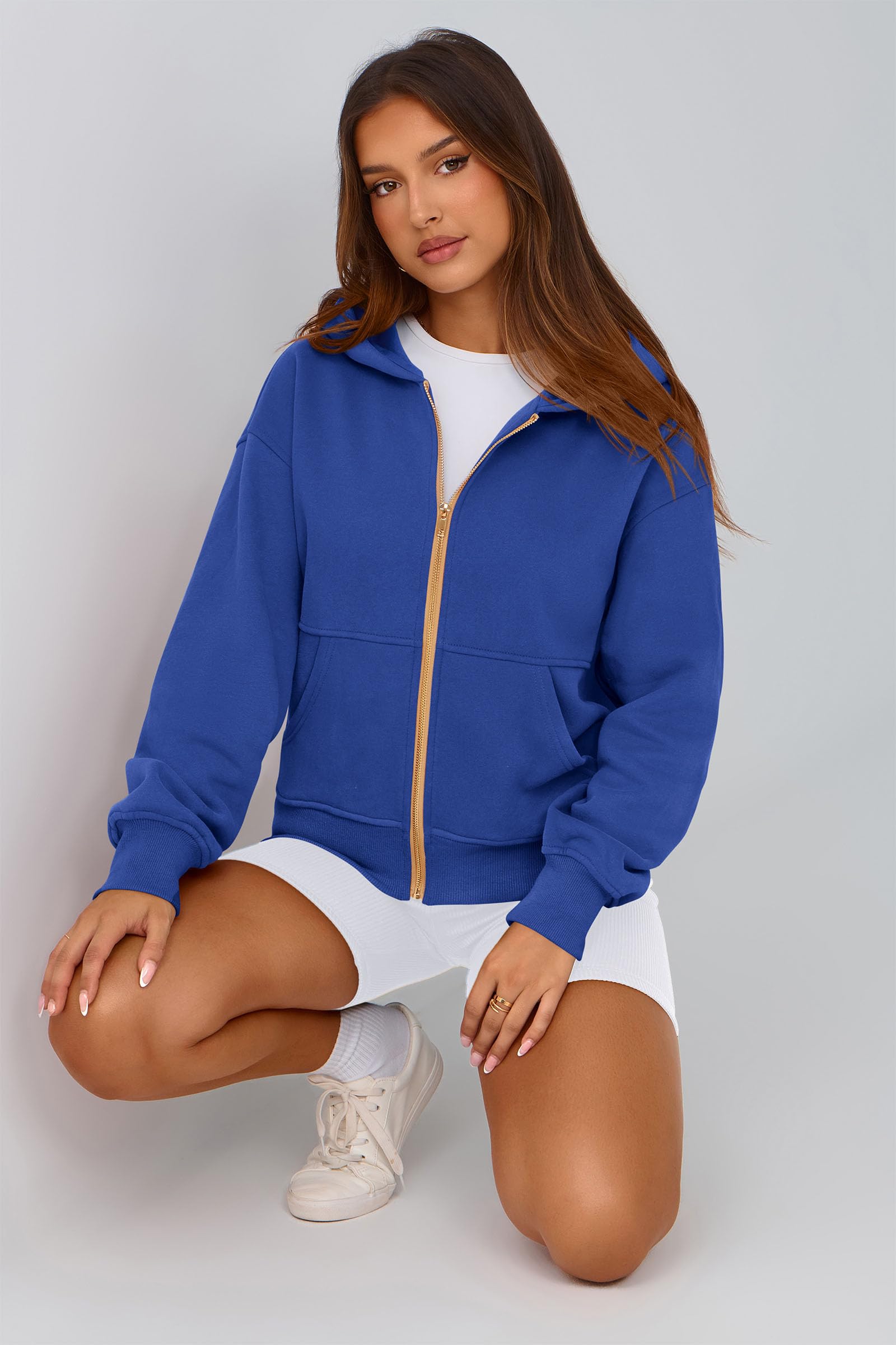 Hoodies for Women Fall Fashion Zip Up Fleece Plain Sweatshirt