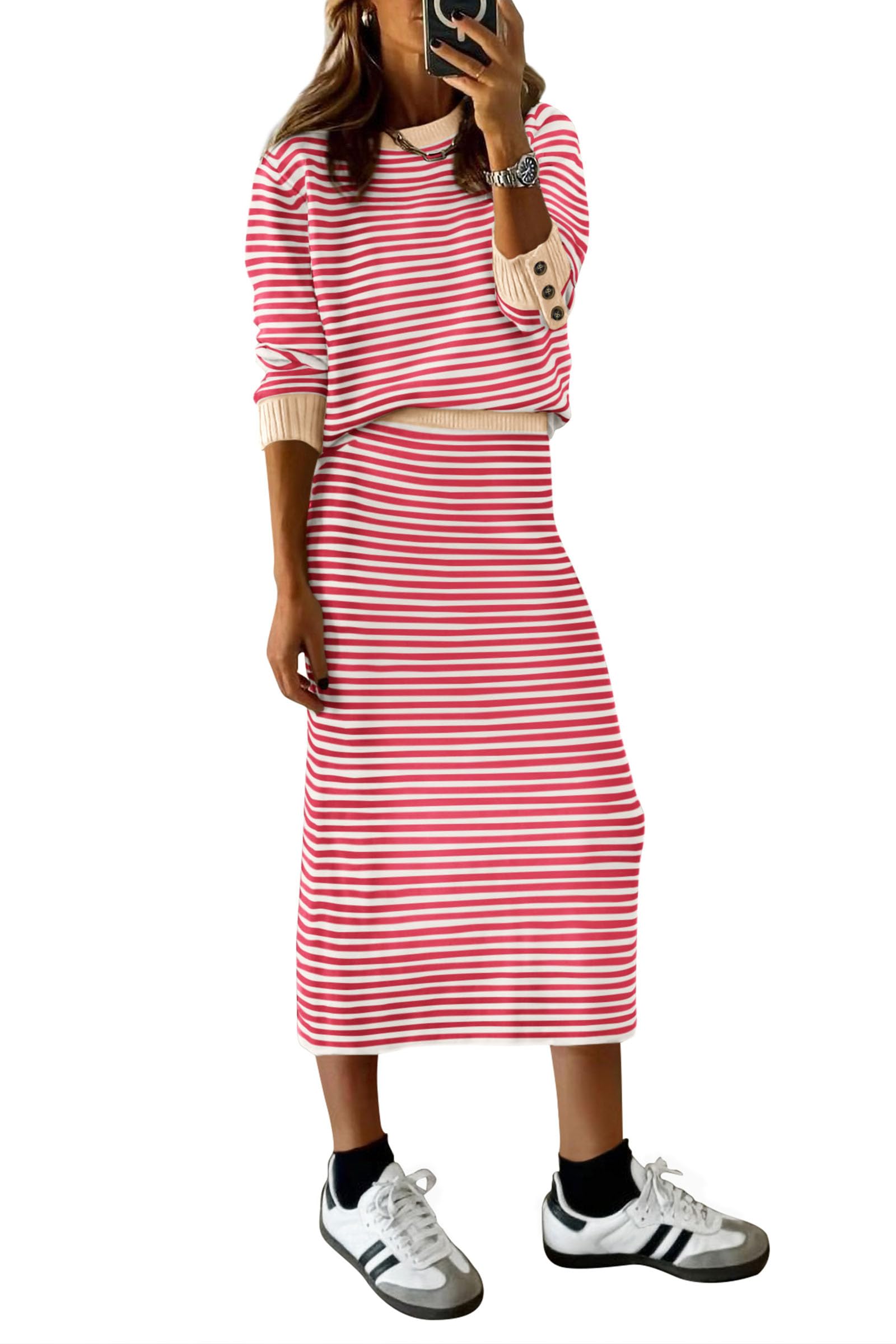 Women's 2 Piece Striped Sweater Skirt Set Fall Matching Sets