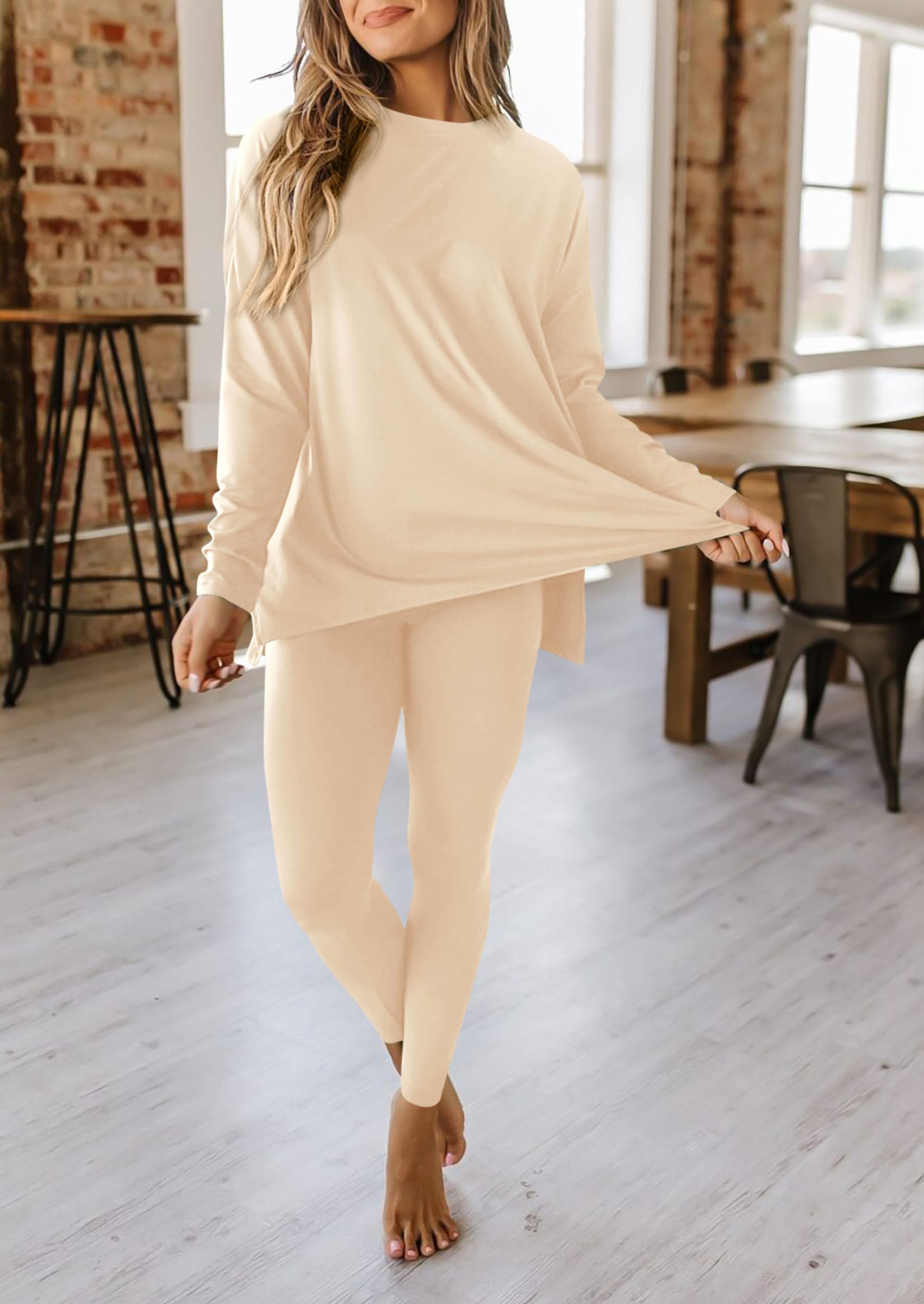 Women's 2 Piece Outfits Matching Lounge Sets,Beige,S